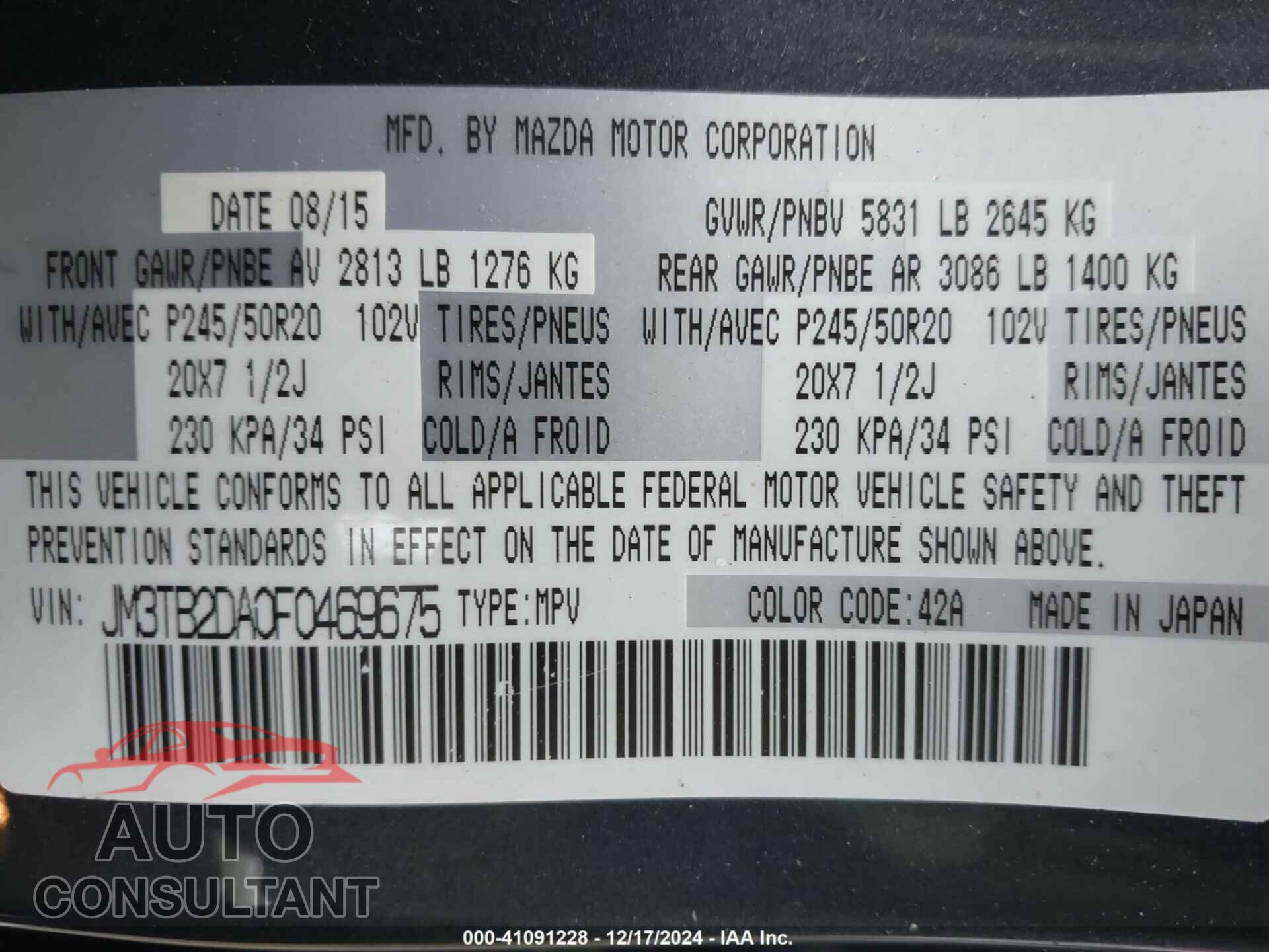 MAZDA CX-9 2015 - JM3TB2DA0F0469675