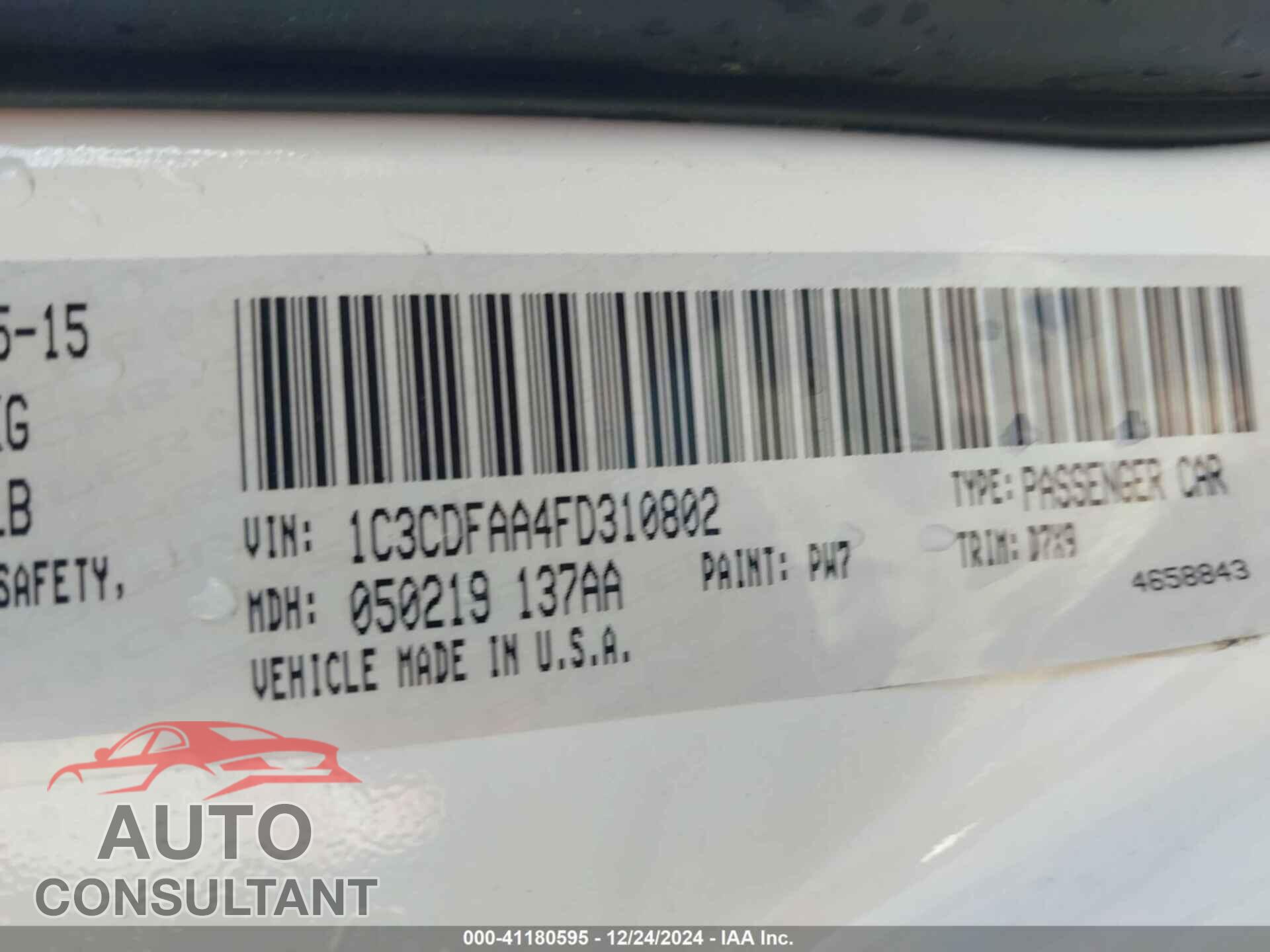 DODGE DART 2015 - 1C3CDFAA4FD310802
