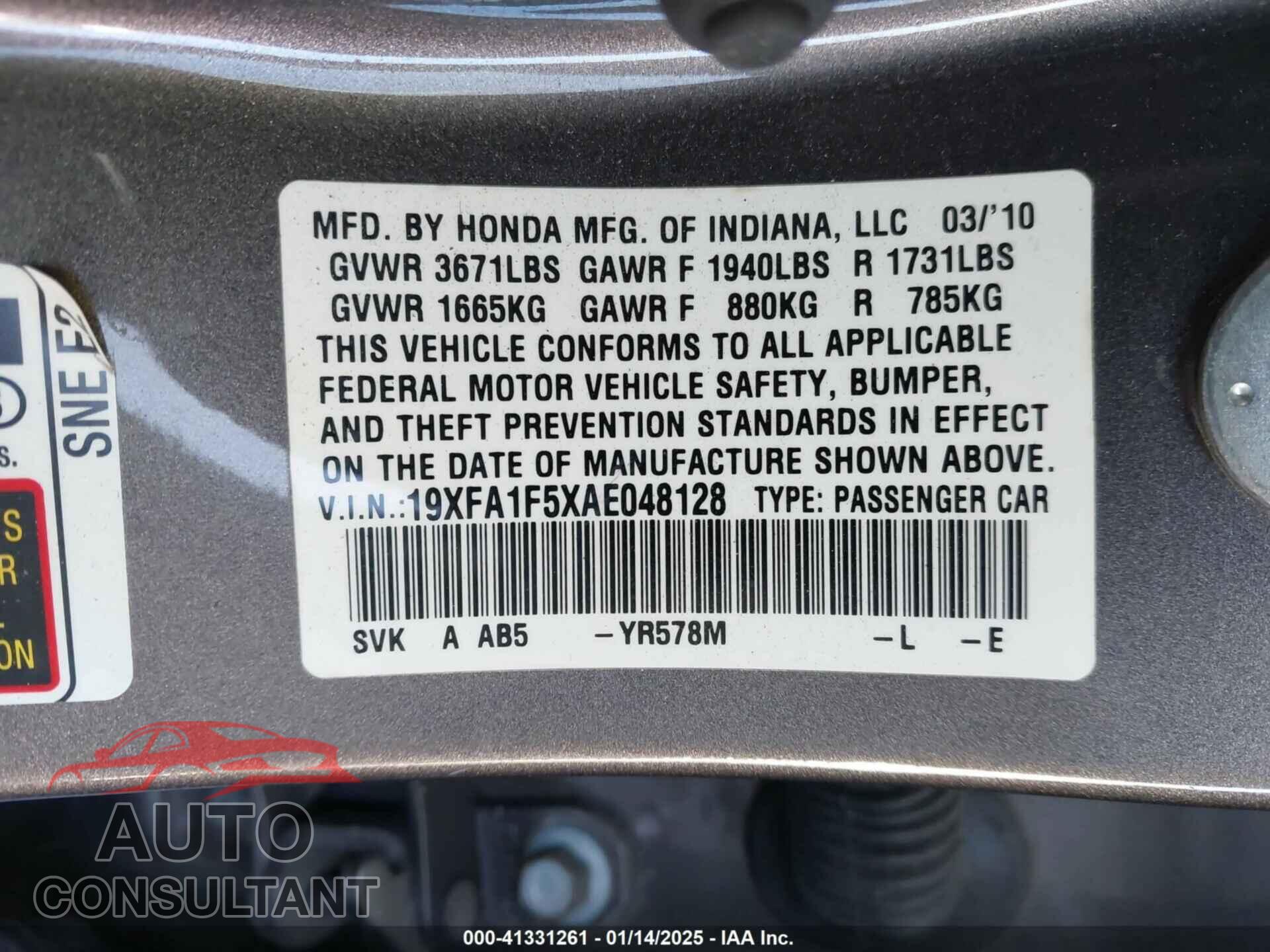 HONDA CIVIC 2010 - 19XFA1F5XAE048128