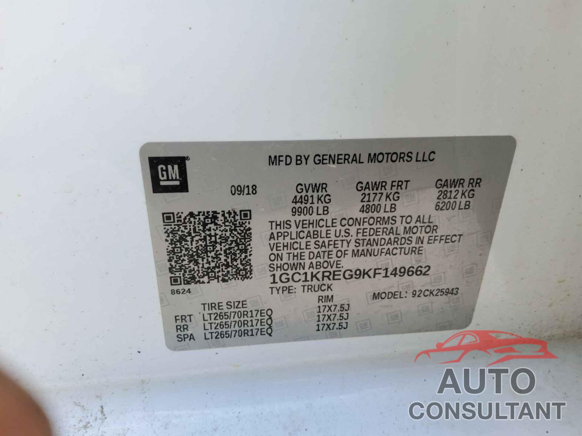 CHEVROLET SILVERADO 2019 - 1GC1KREG9KF149662