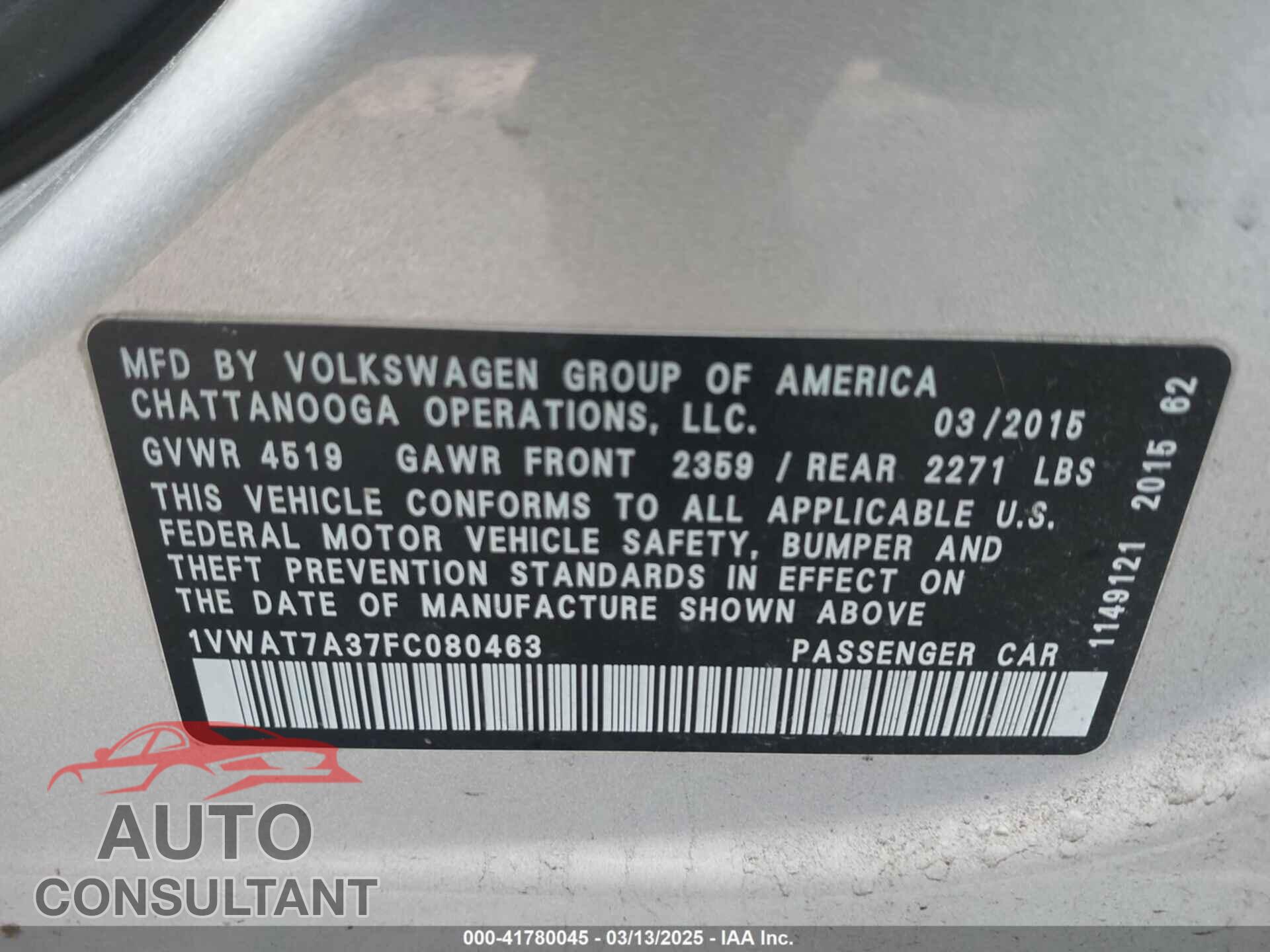 VOLKSWAGEN PASSAT 2015 - 1VWAT7A37FC080463