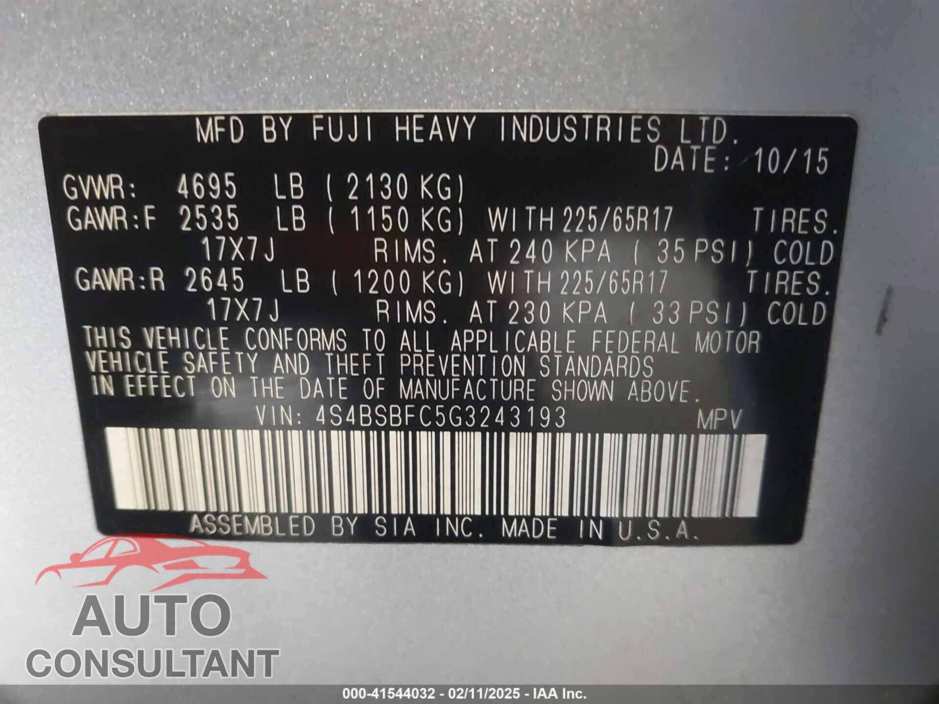 SUBARU OUTBACK 2016 - 4S4BSBFC5G3243193