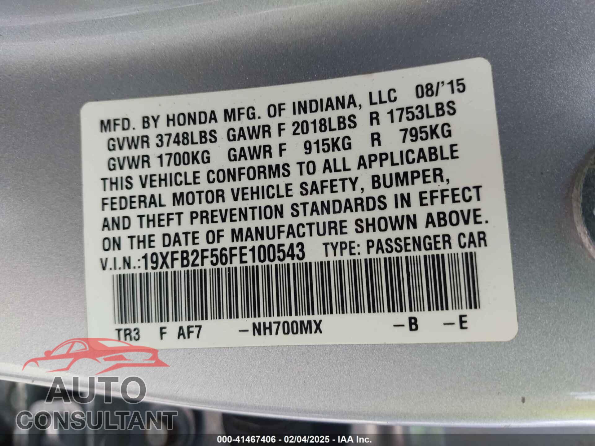 HONDA CIVIC 2015 - 19XFB2F56FE100543