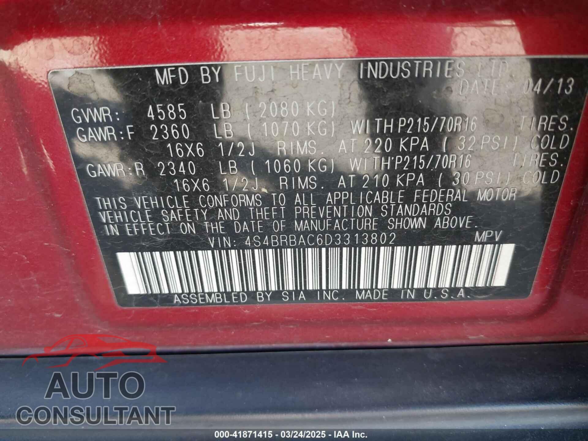SUBARU OUTBACK 2013 - 4S4BRBAC6D3313802