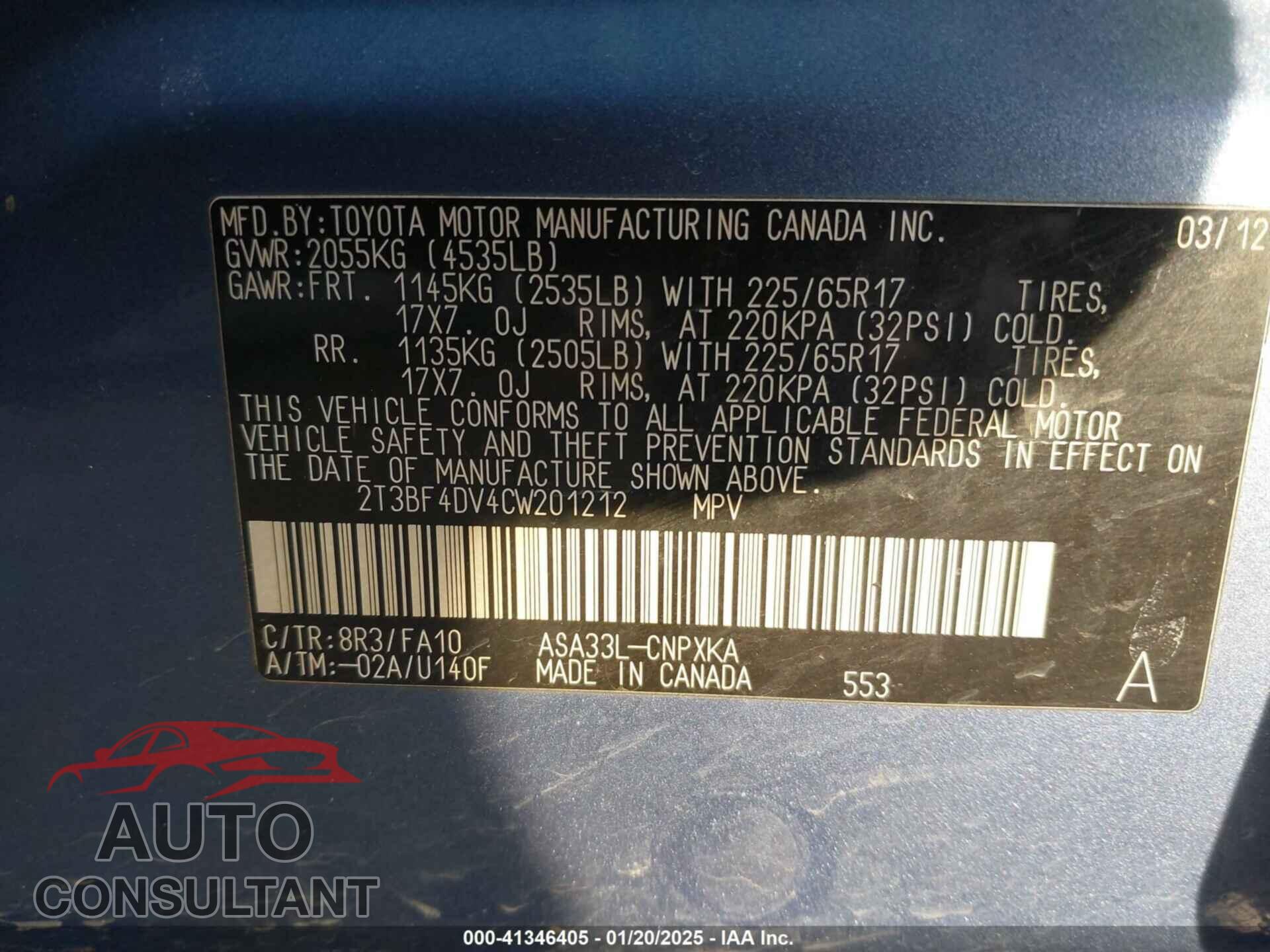 TOYOTA RAV4 2012 - 2T3BF4DV4CW201212