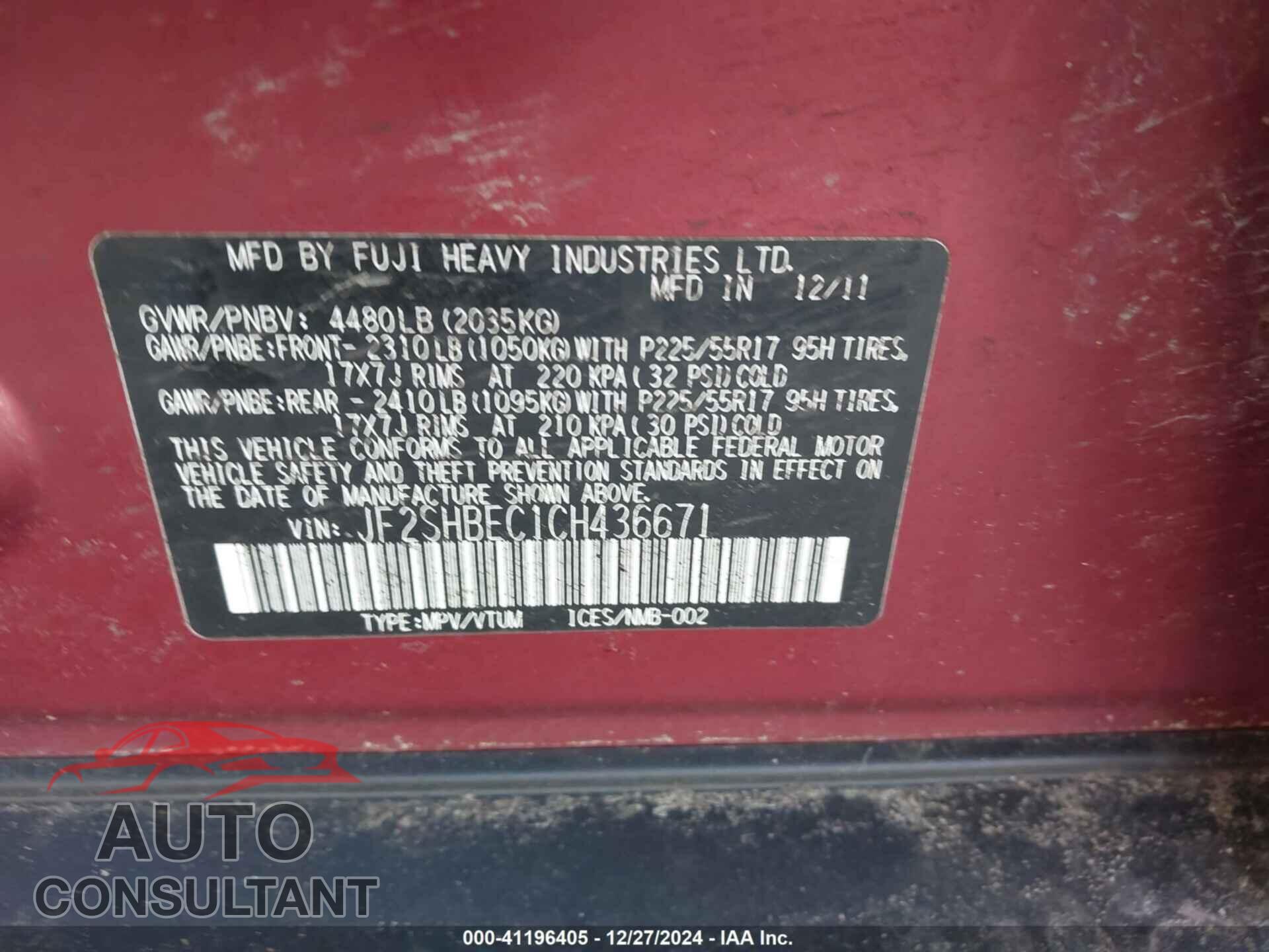 SUBARU FORESTER 2012 - JF2SHBEC1CH436671