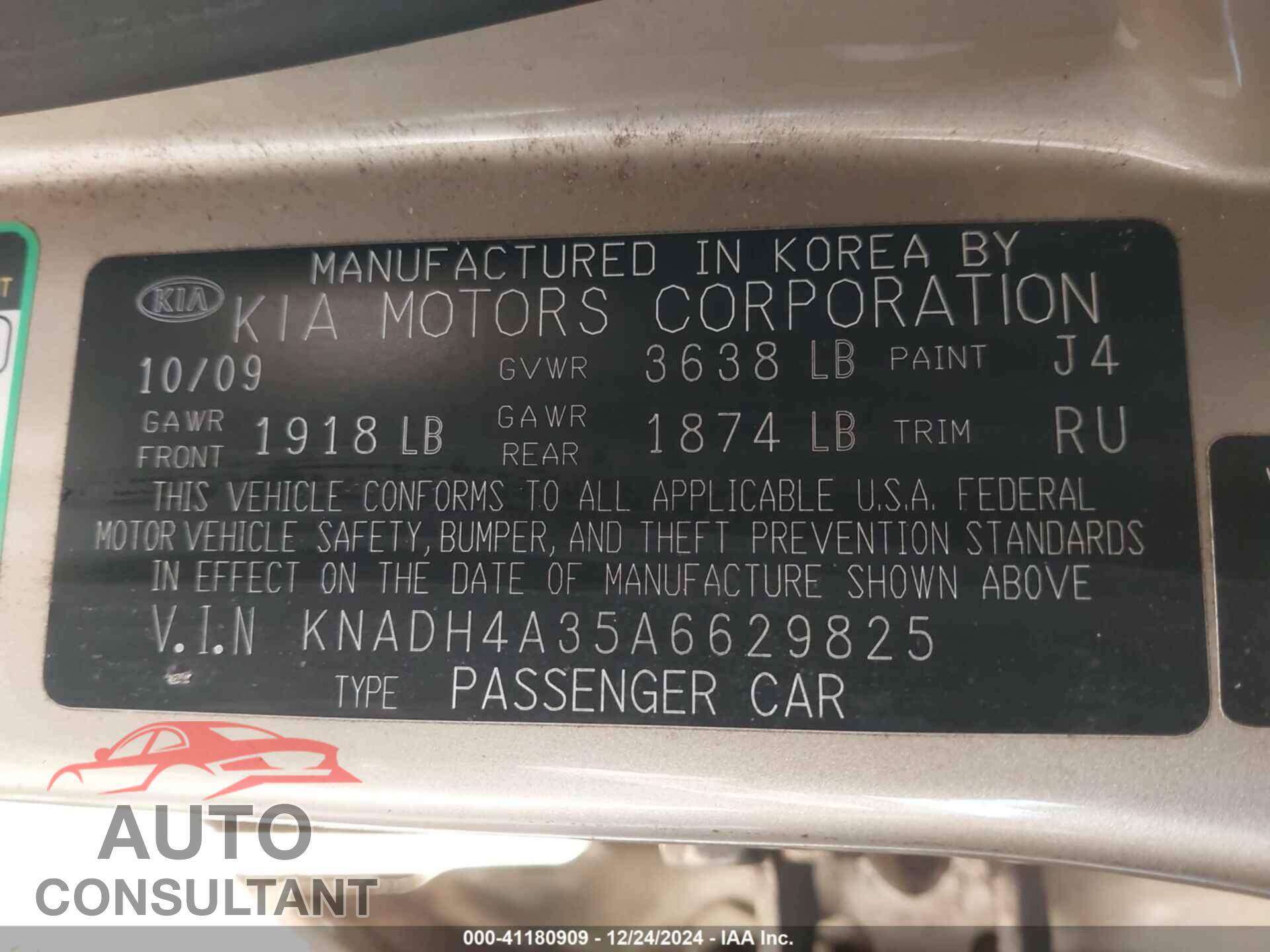 KIA RIO 2010 - KNADH4A35A6629825