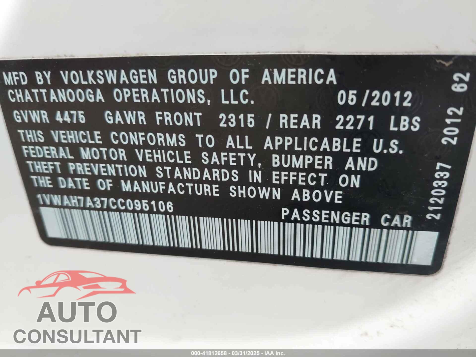 VOLKSWAGEN PASSAT 2012 - 1VWAH7A37CC095106