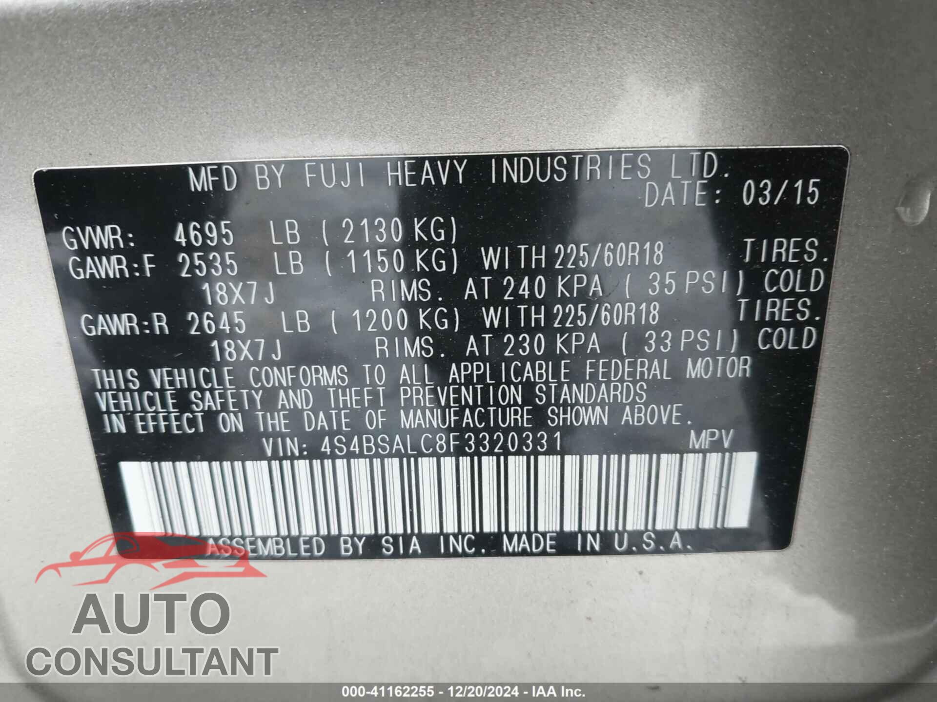 SUBARU OUTBACK 2015 - 4S4BSALC8F3320331