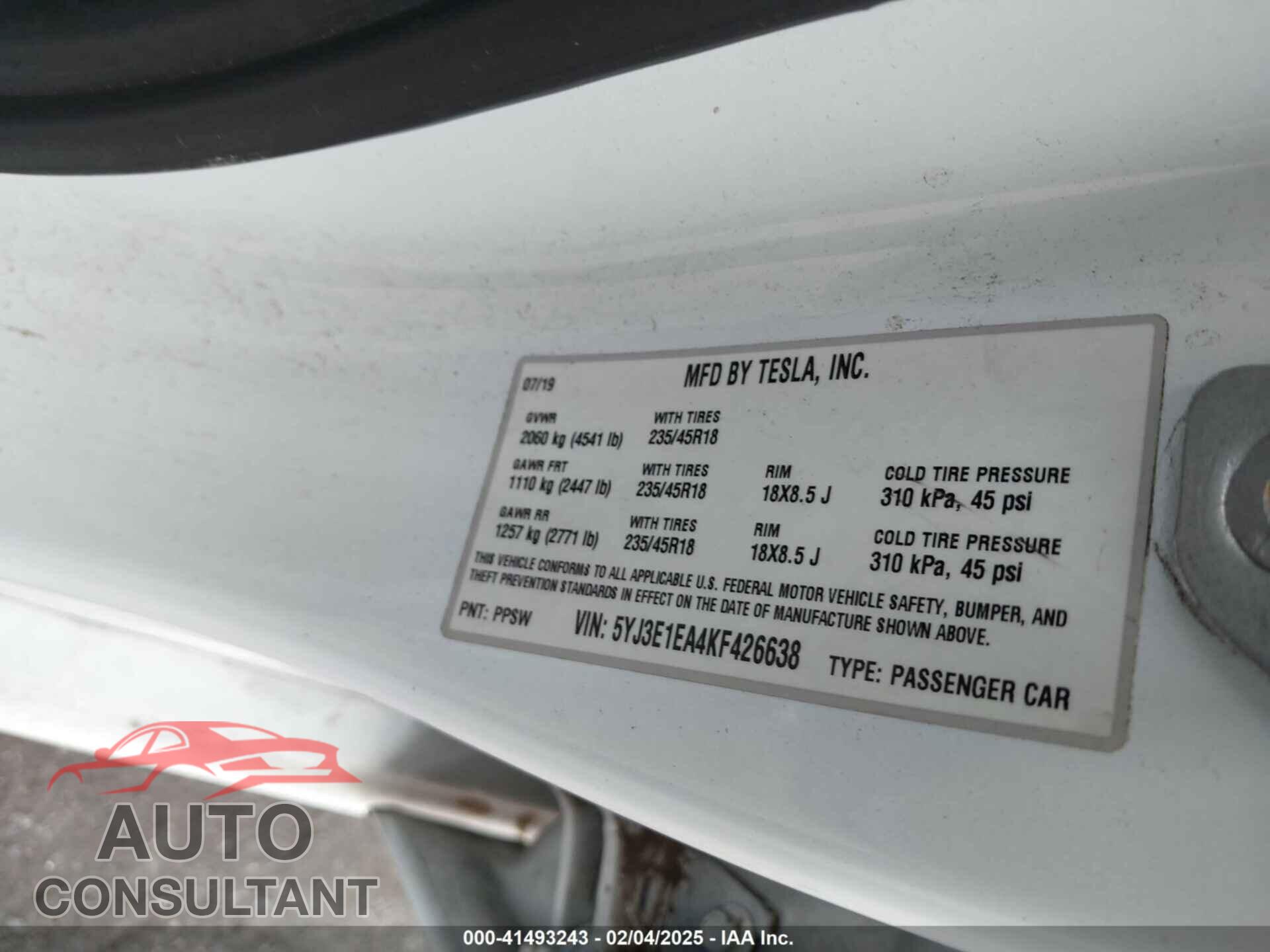 TESLA MODEL 3 2019 - 5YJ3E1EA4KF426638