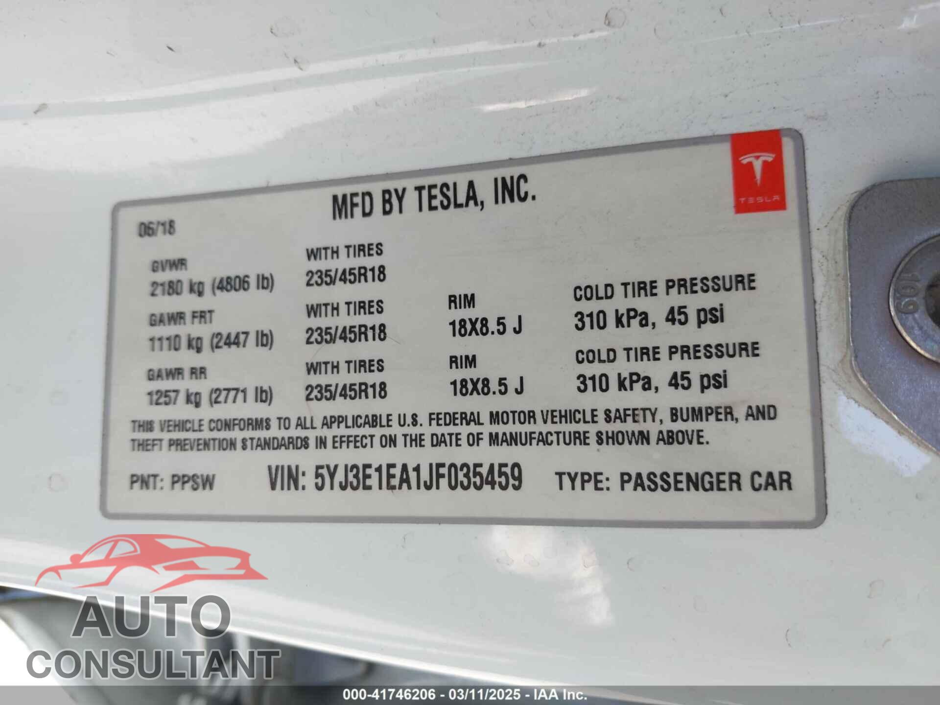 TESLA MODEL 3 2018 - 5YJ3E1EA1JF035459