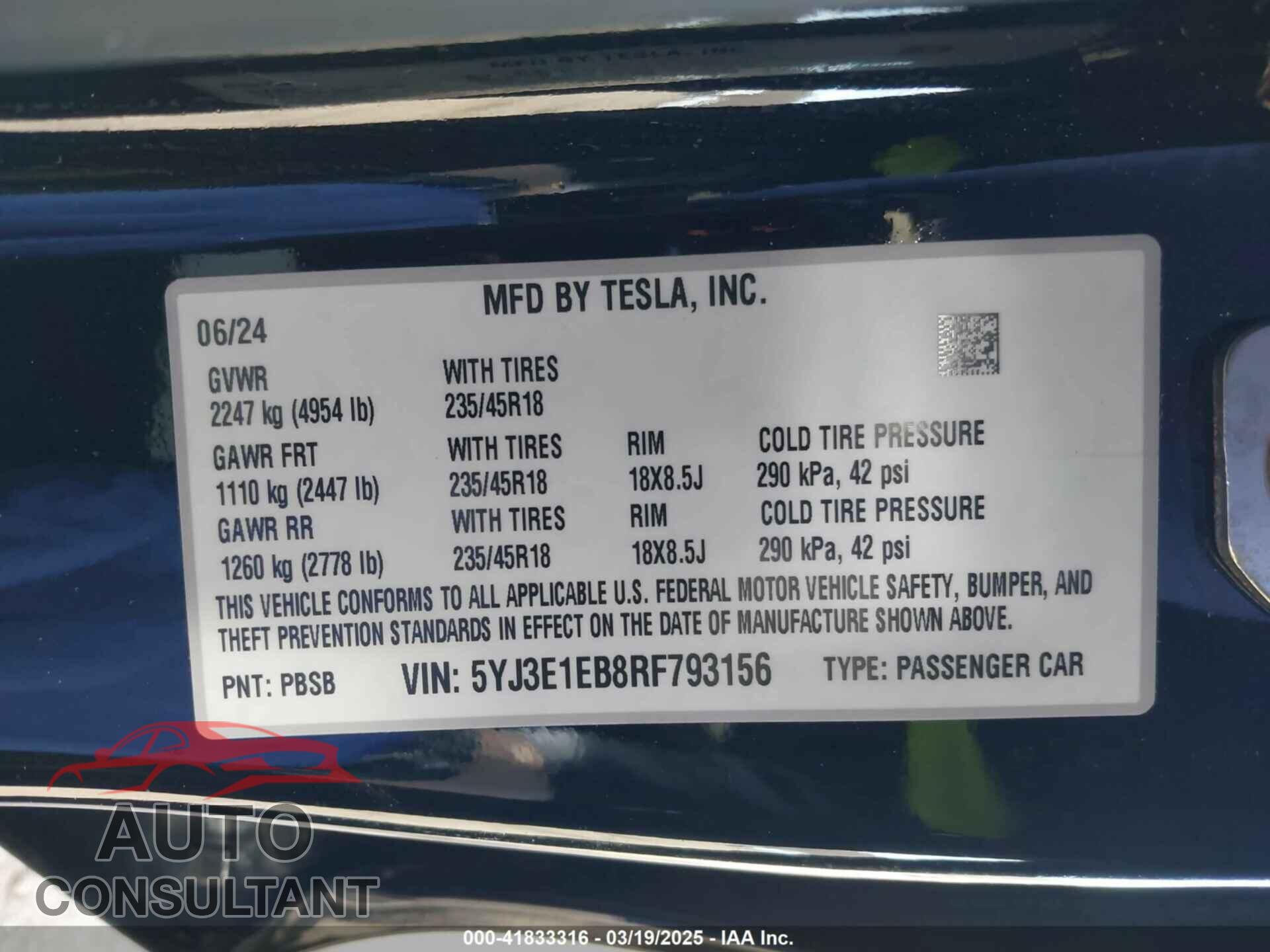 TESLA MODEL 3 2024 - 5YJ3E1EB8RF793156