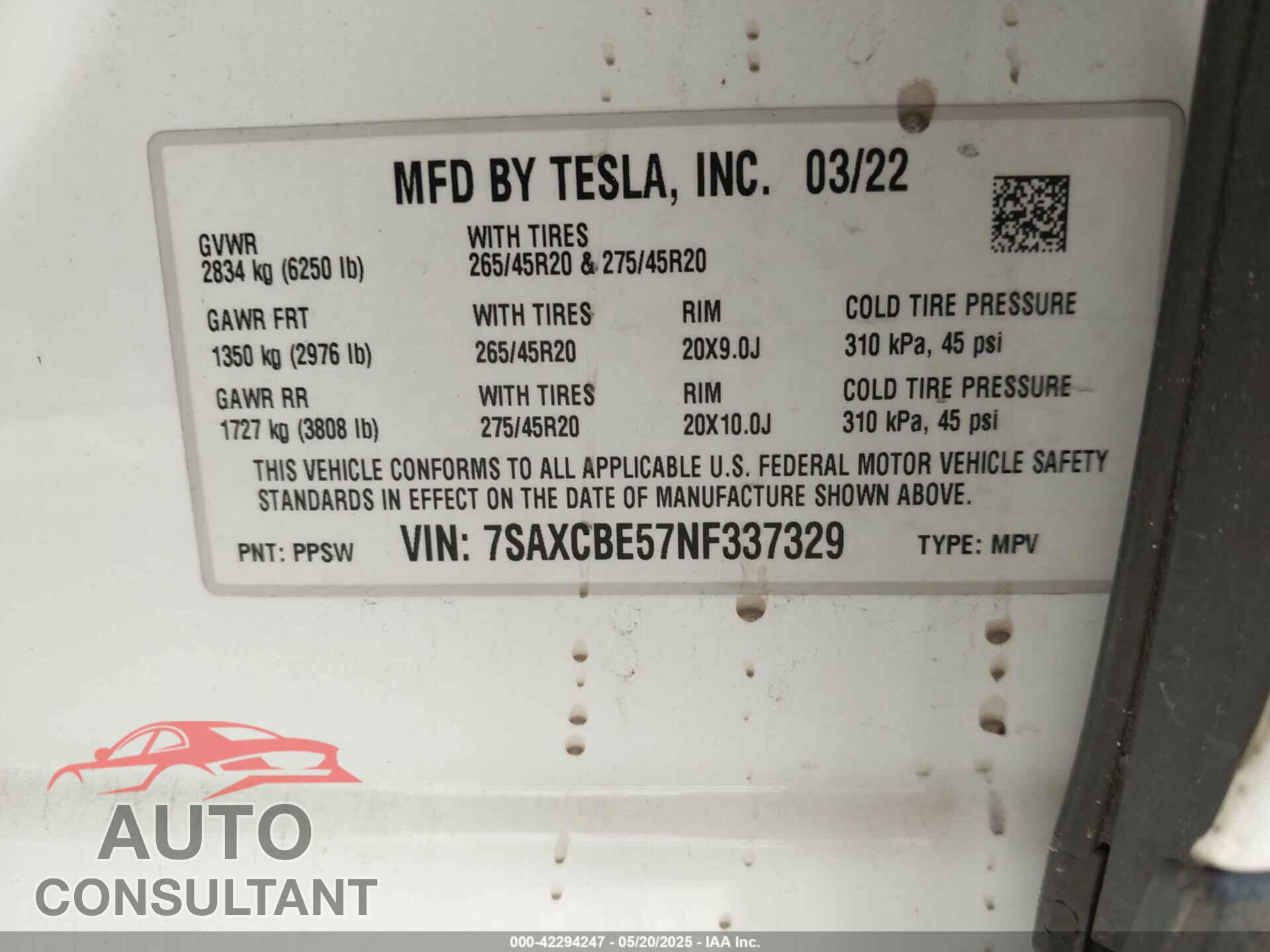 TESLA MODEL X 2022 - 7SAXCBE57NF337329