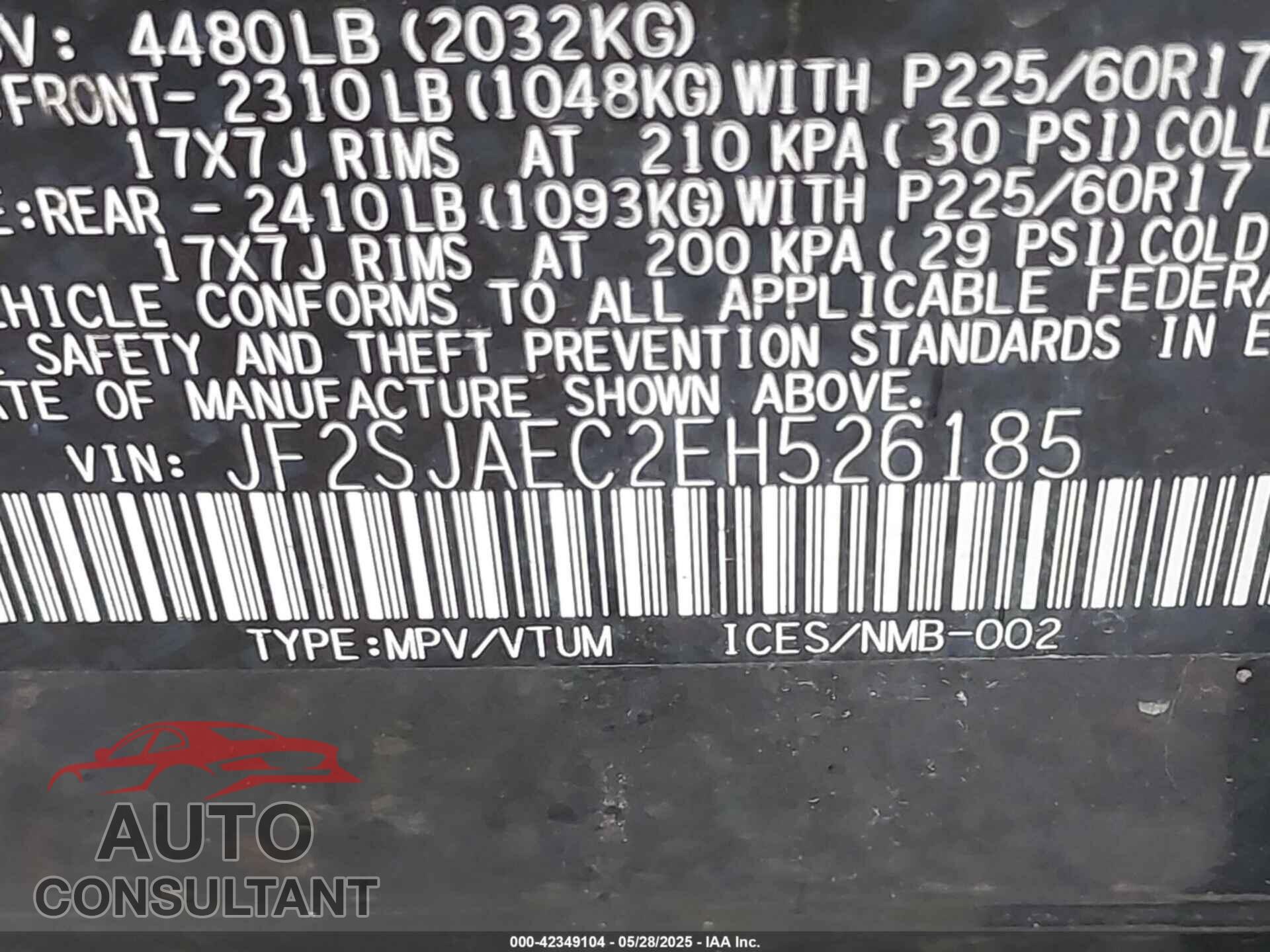 SUBARU FORESTER 2014 - JF2SJAEC2EH526185