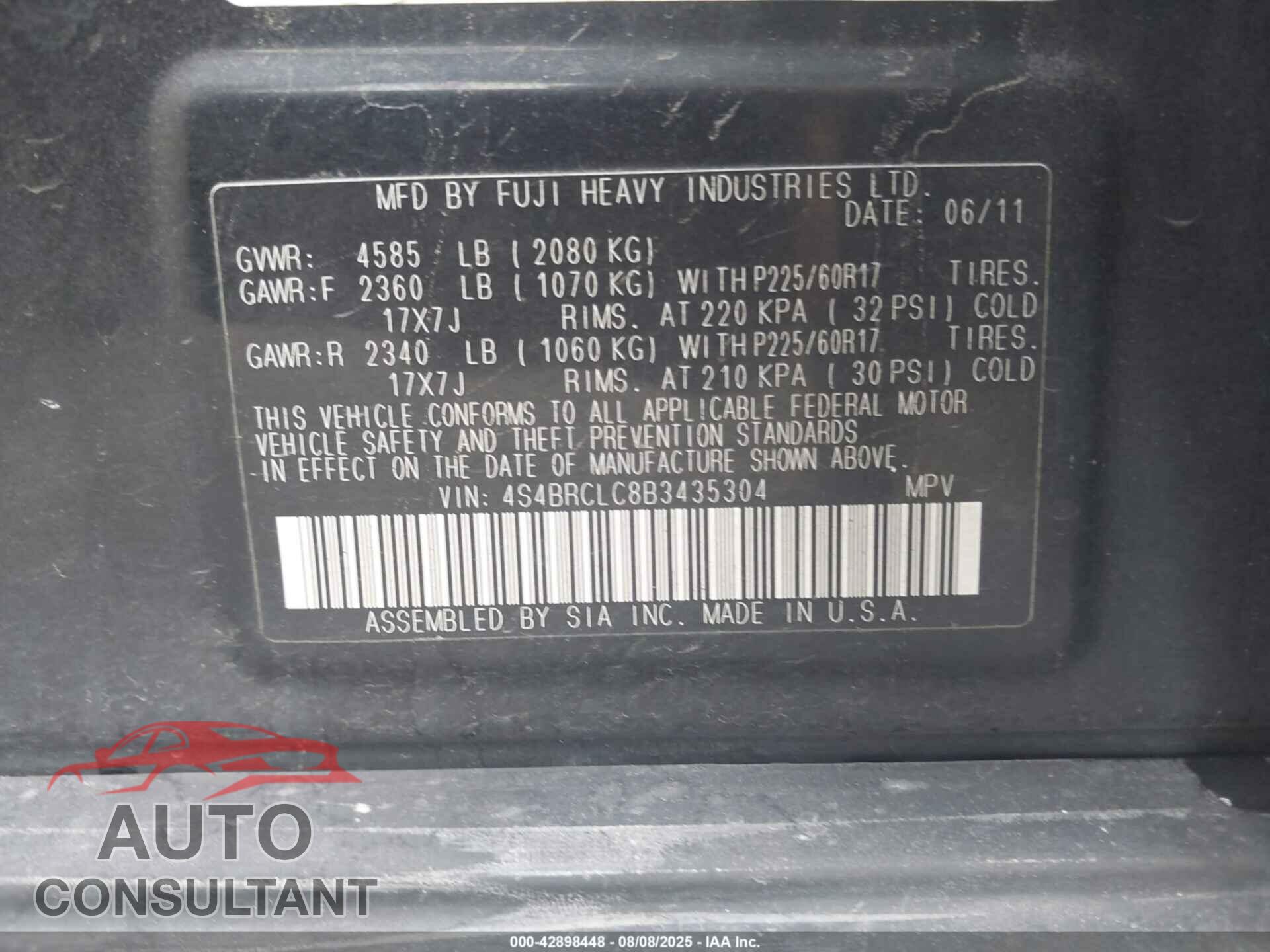 SUBARU OUTBACK 2011 - 4S4BRCLC8B3435304