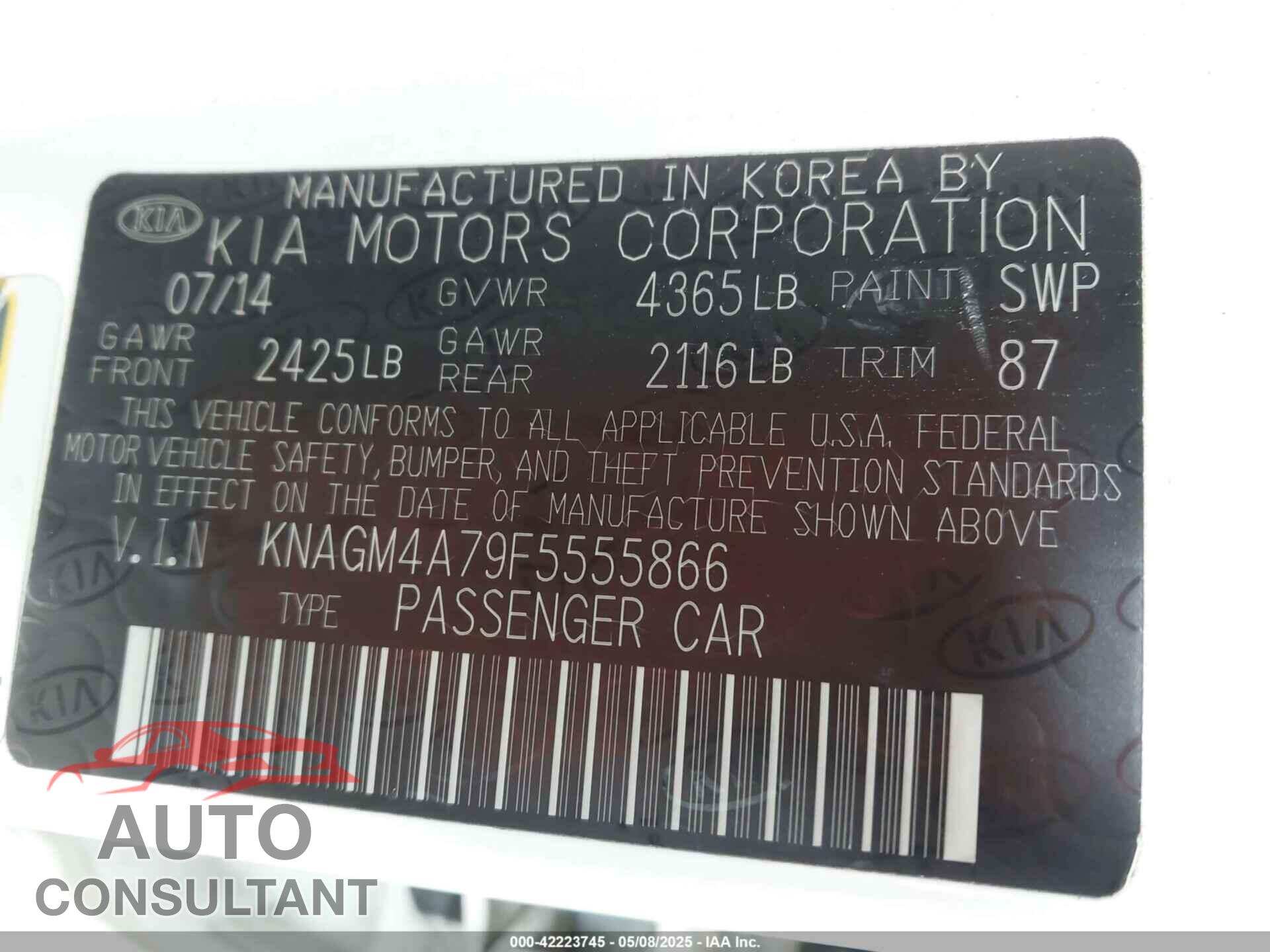 KIA OPTIMA 2015 - KNAGM4A79F5555866