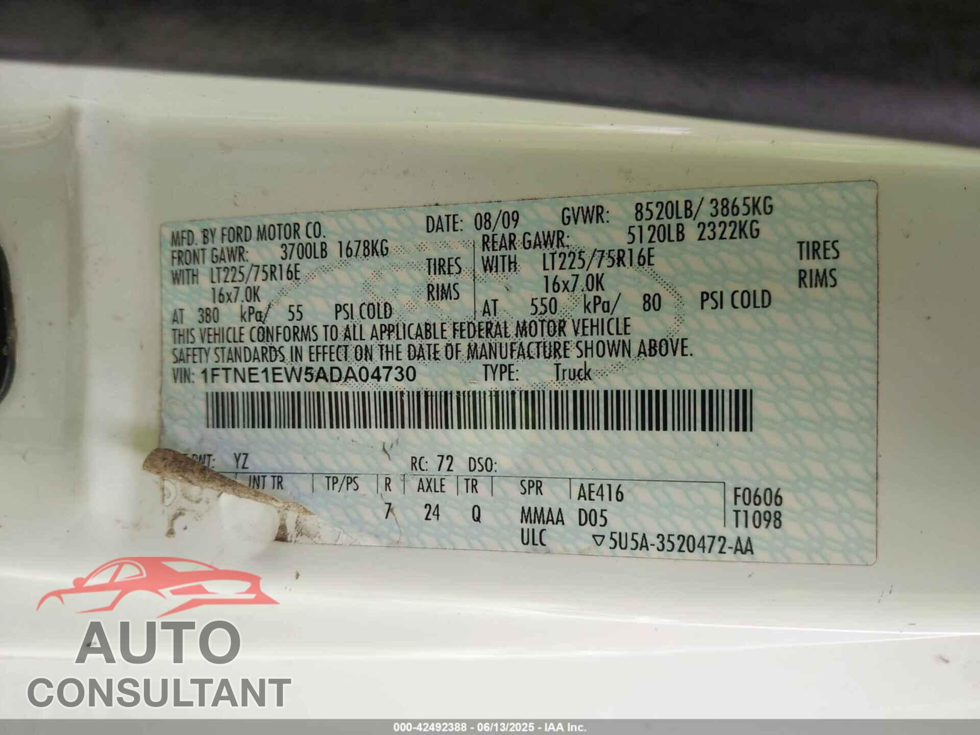 FORD E-150 2010 - 1FTNE1EW5ADA04730