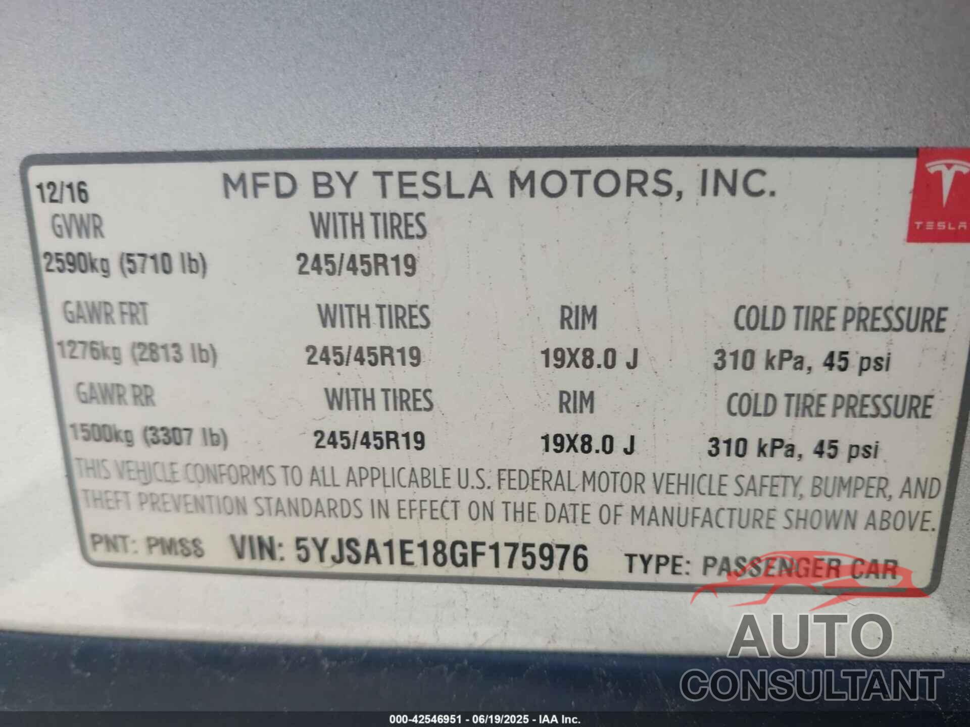 TESLA MODEL S 2016 - 5YJSA1E18GF175976