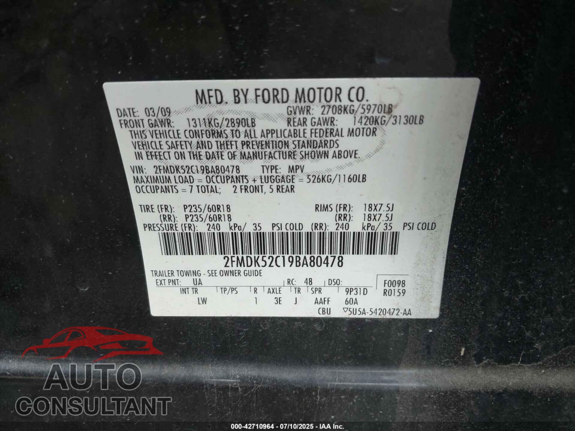 FORD FLEX 2009 - 2FMDK52C19BA80478
