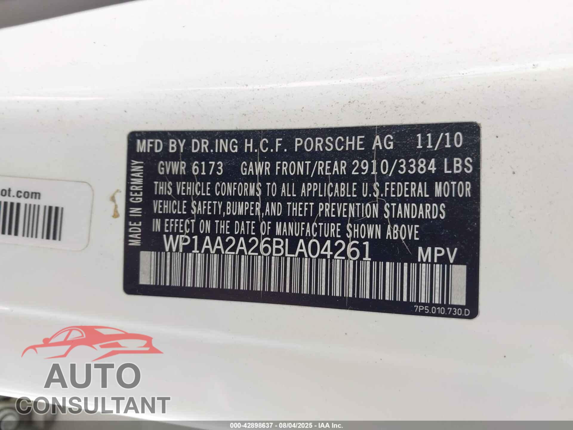 PORSCHE CAYENNE 2011 - WP1AA2A26BLA04261