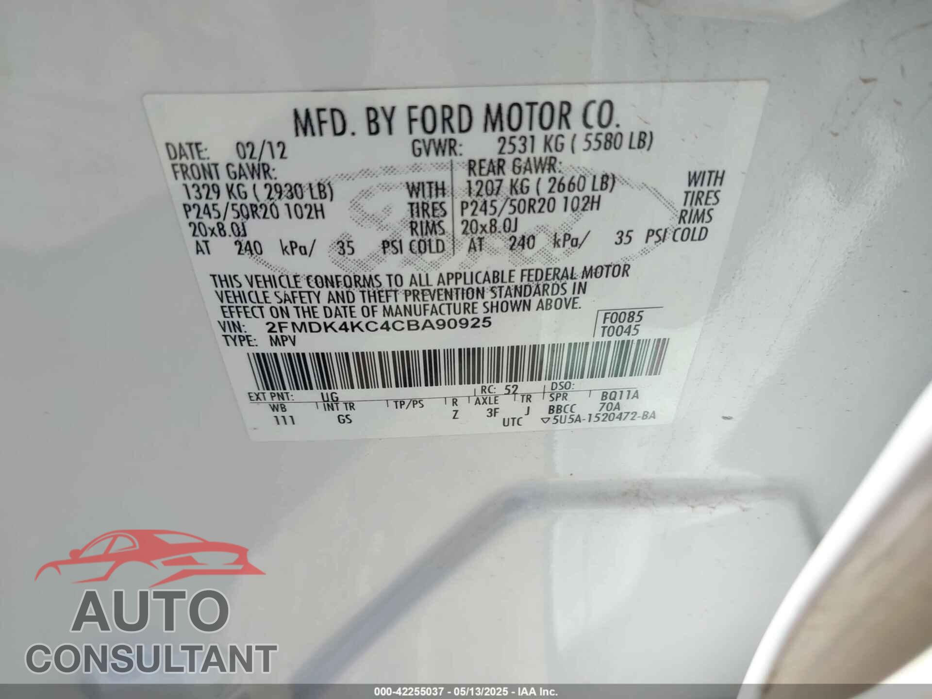 FORD EDGE 2012 - 2FMDK4KC4CBA90925