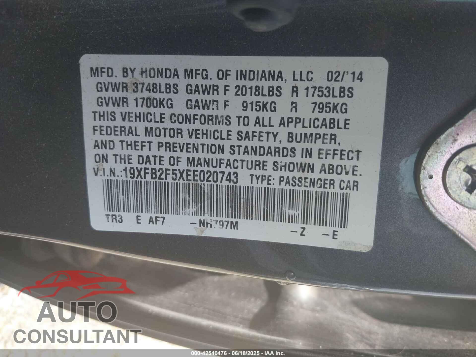 HONDA CIVIC 2014 - 19XFB2F5XEE020743