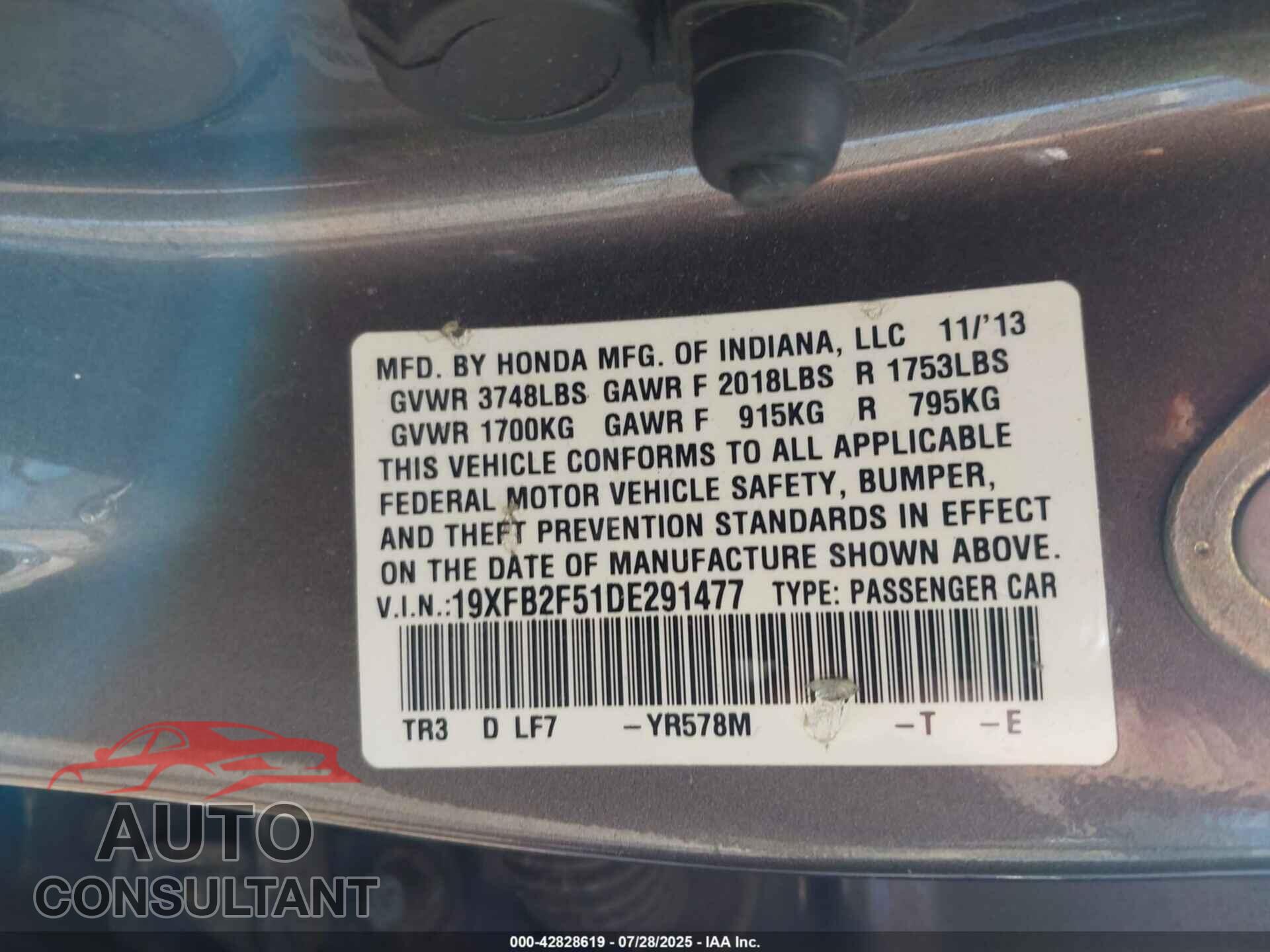 HONDA CIVIC 2013 - 19XFB2F51DE291477