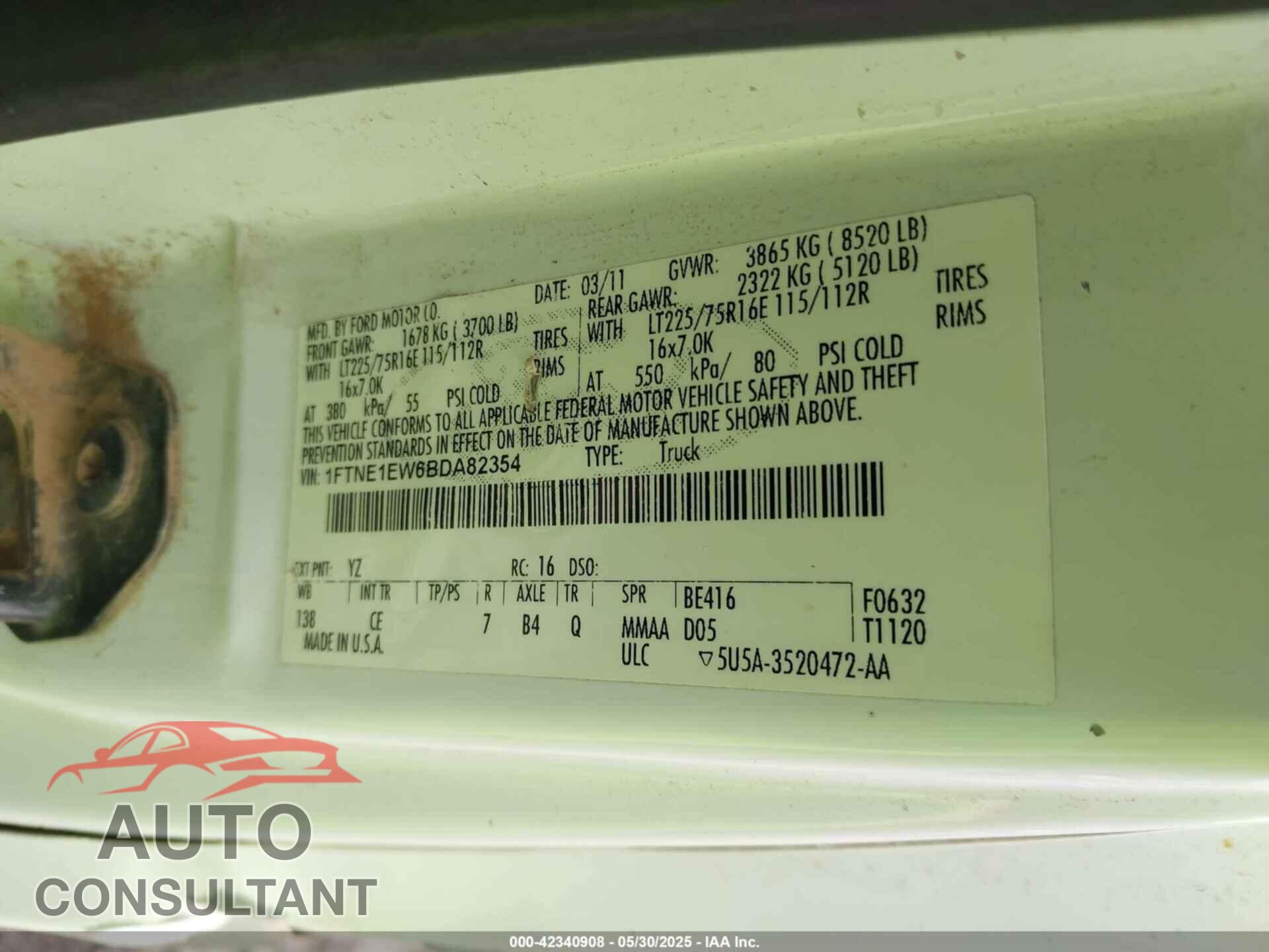 FORD E-150 2011 - 1FTNE1EW6BDA82354