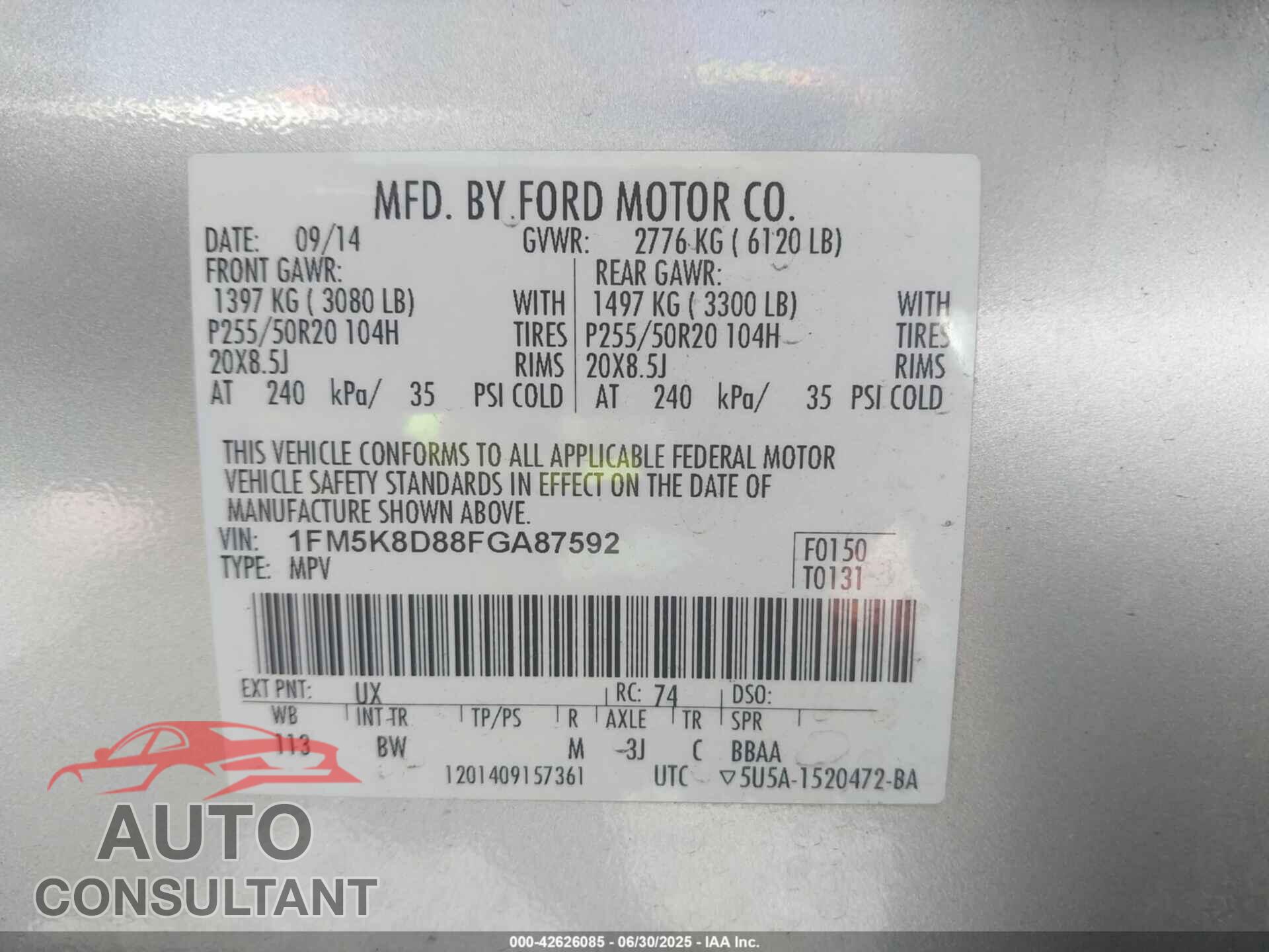 FORD EXPLORER 2015 - 1FM5K8D88FGA87592