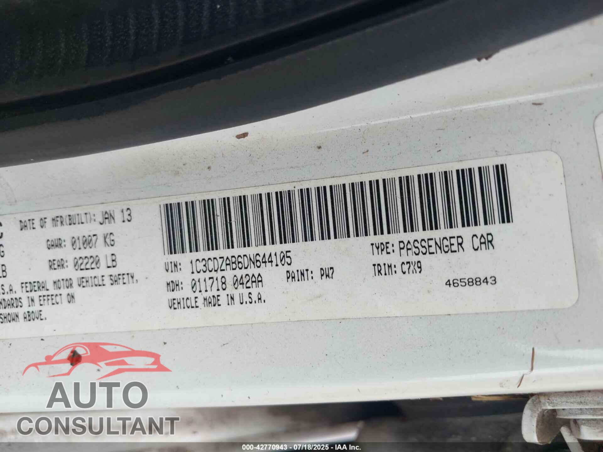 DODGE AVENGER 2013 - 1C3CDZAB6DN644105