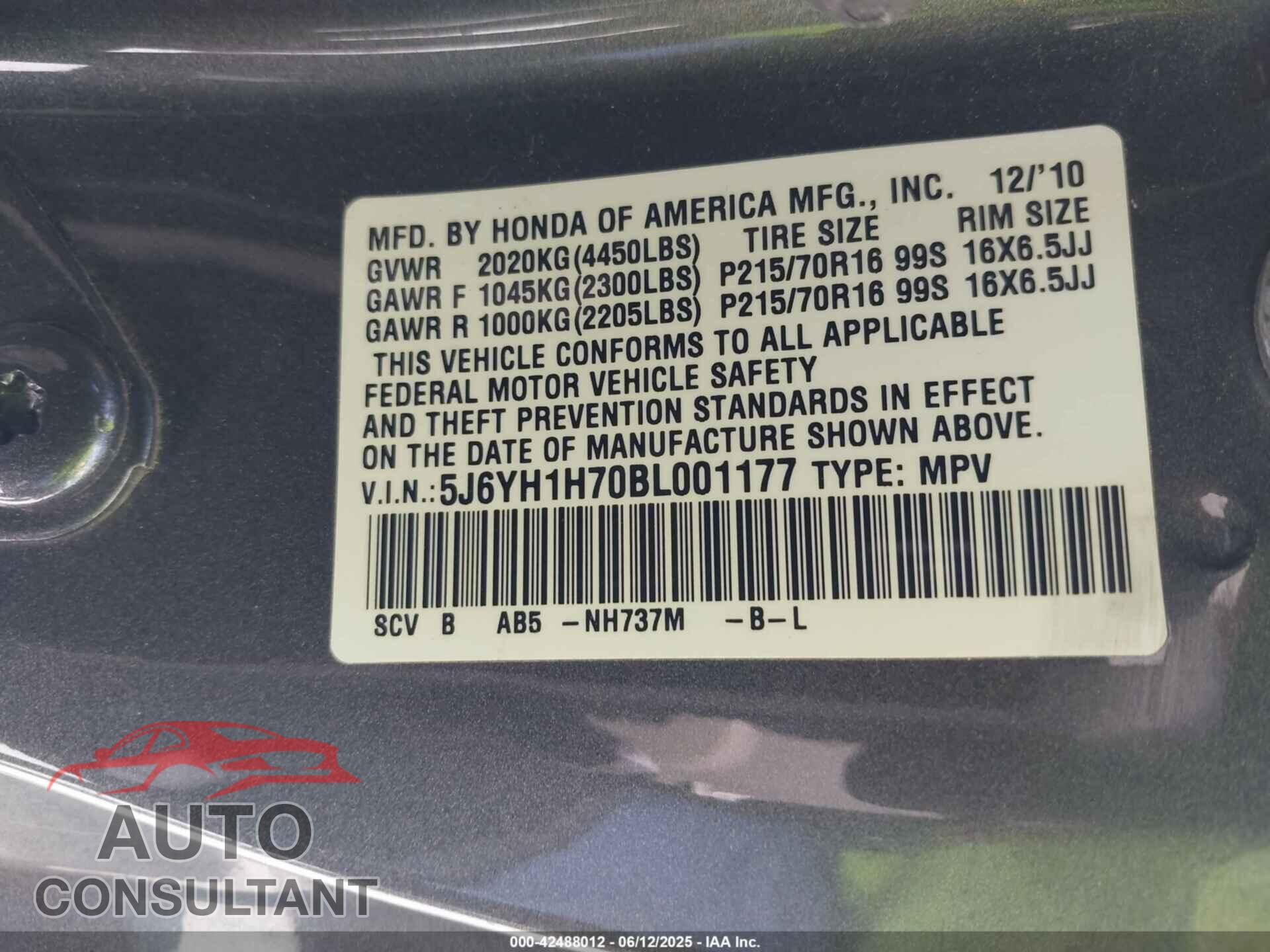 HONDA ELEMENT 2011 - 5J6YH1H70BL001177