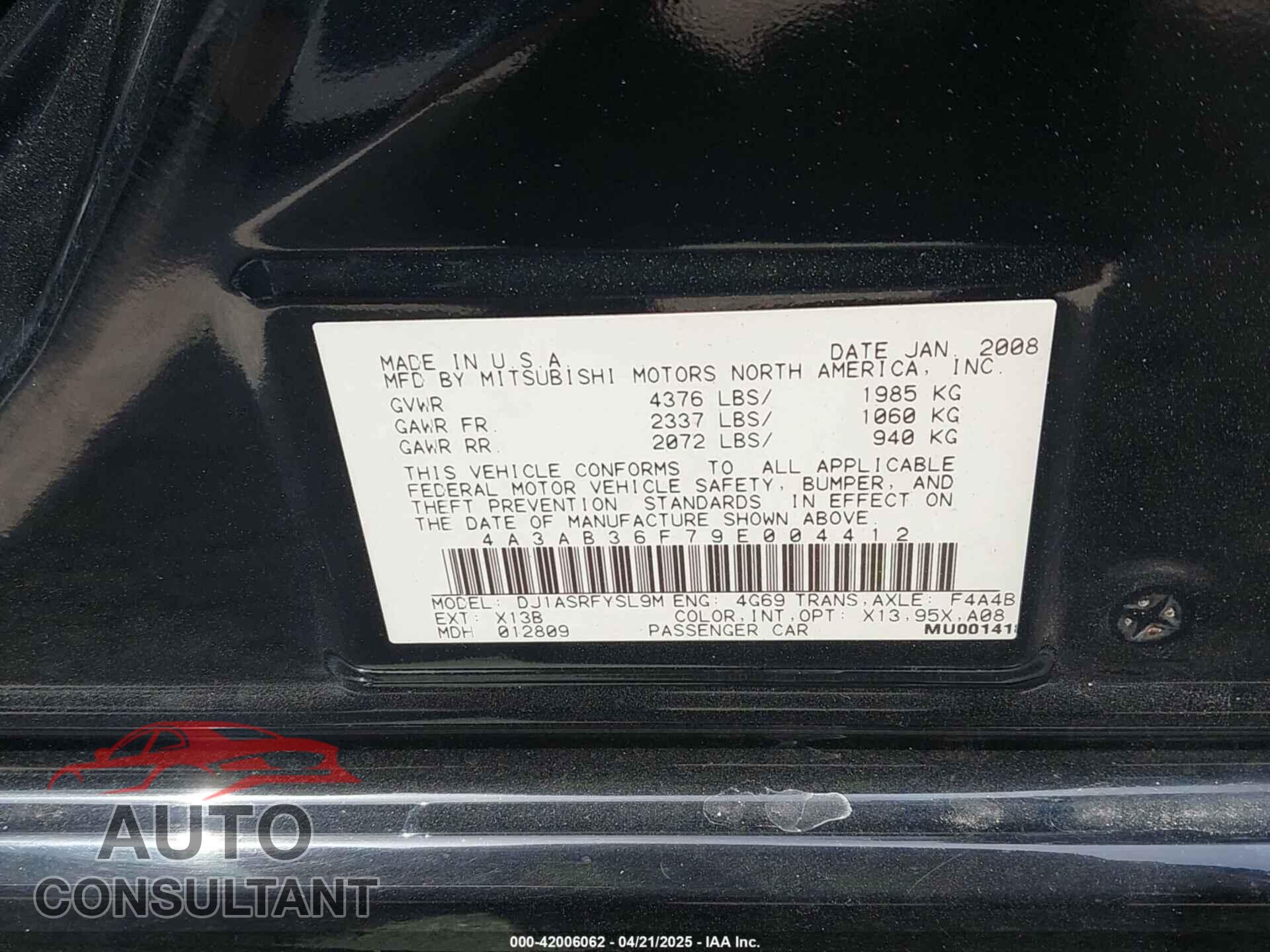 MITSUBISHI GALANT 2009 - 4A3AB36F79E004412