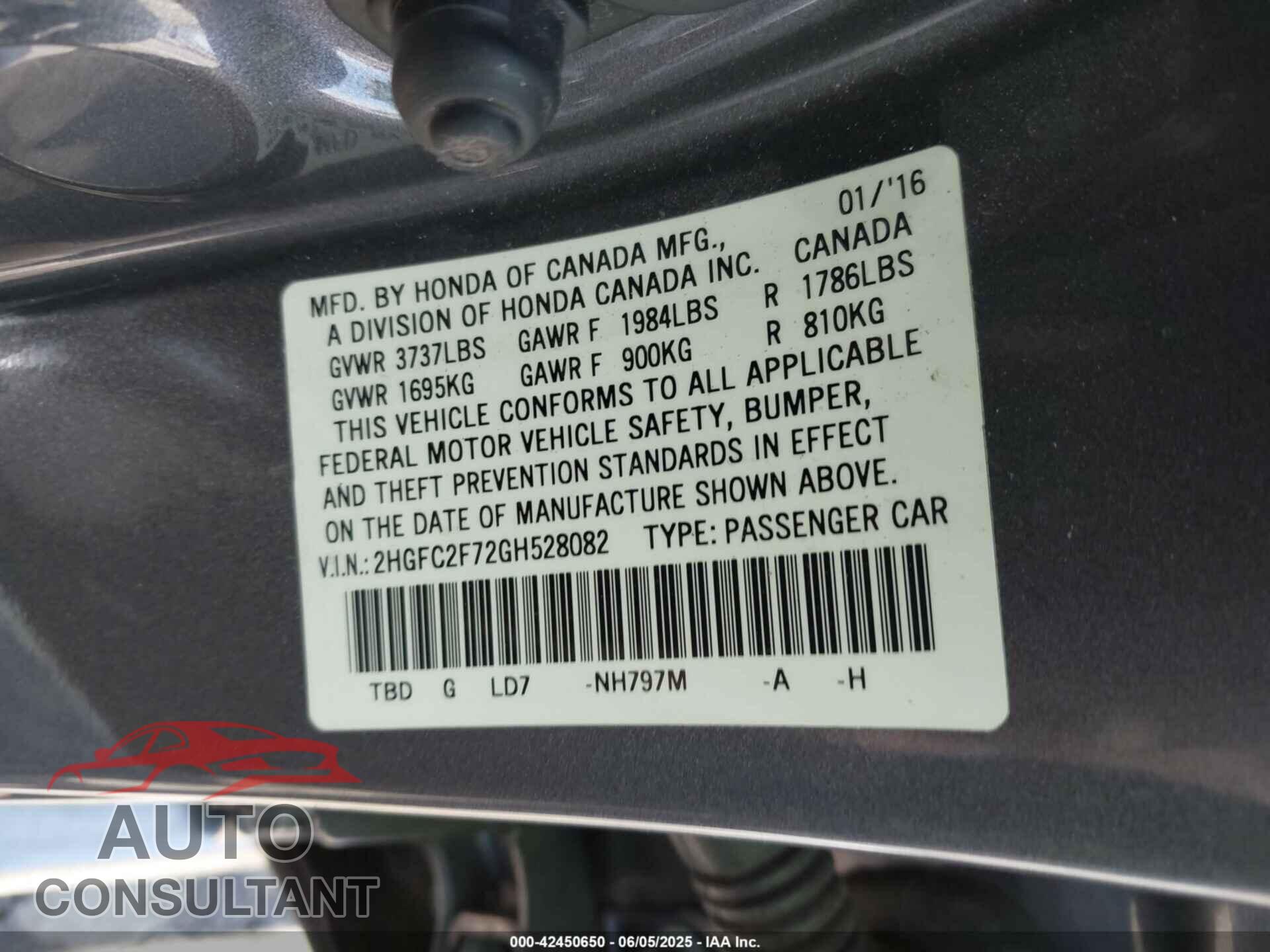 HONDA CIVIC 2016 - 2HGFC2F72GH528082