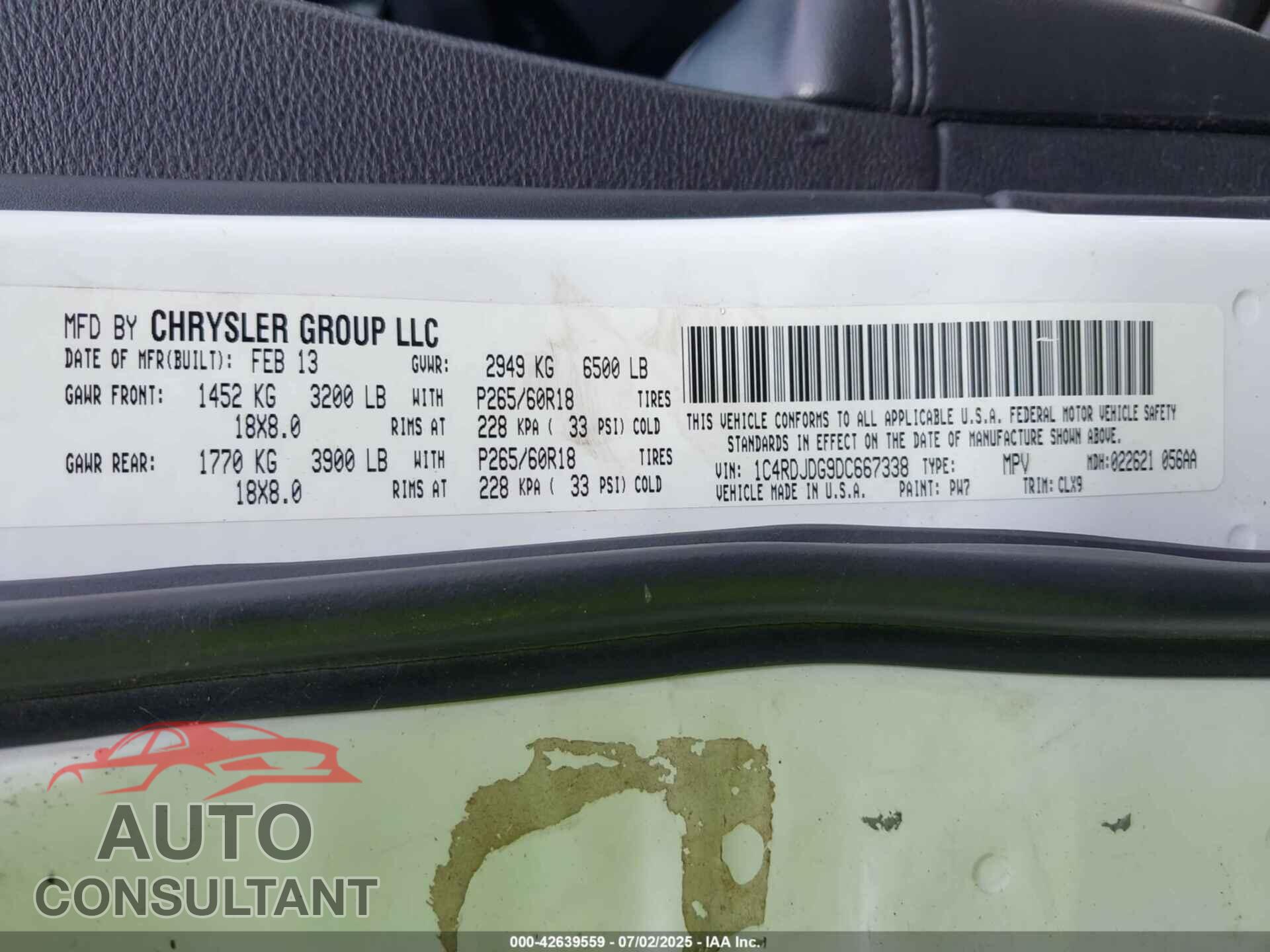 DODGE DURANGO 2013 - 1C4RDJDG9DC667338