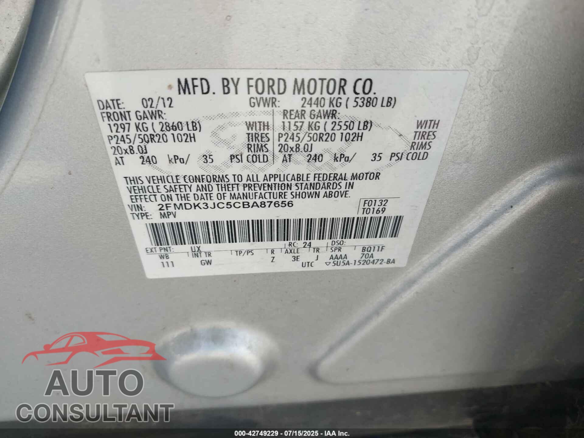 FORD EDGE 2012 - 2FMDK3JC5CBA87656