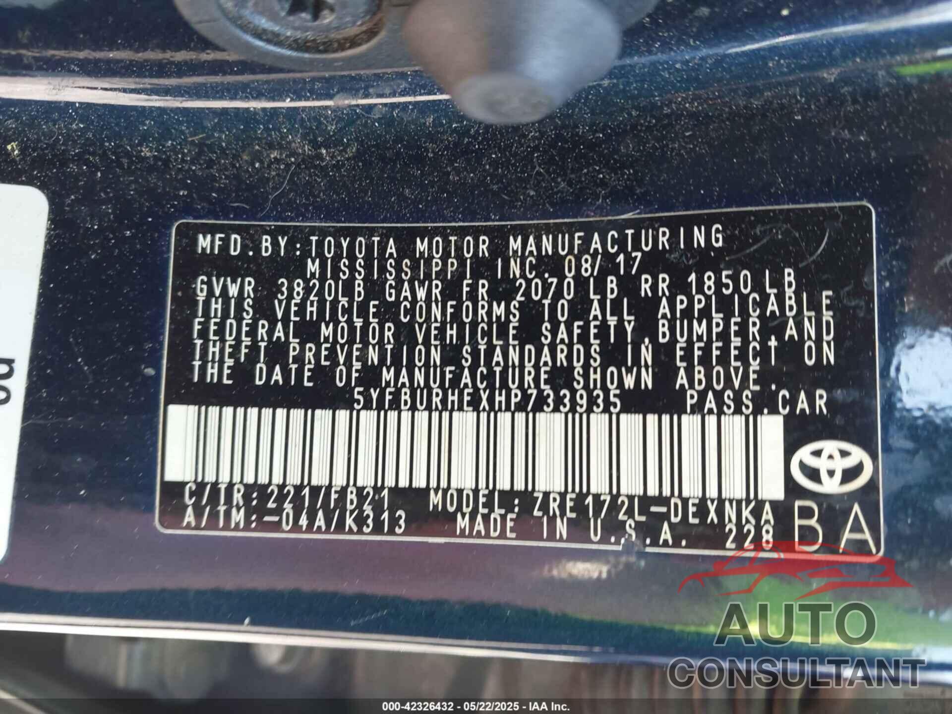 TOYOTA COROLLA 2017 - 5YFBURHEXHP733935