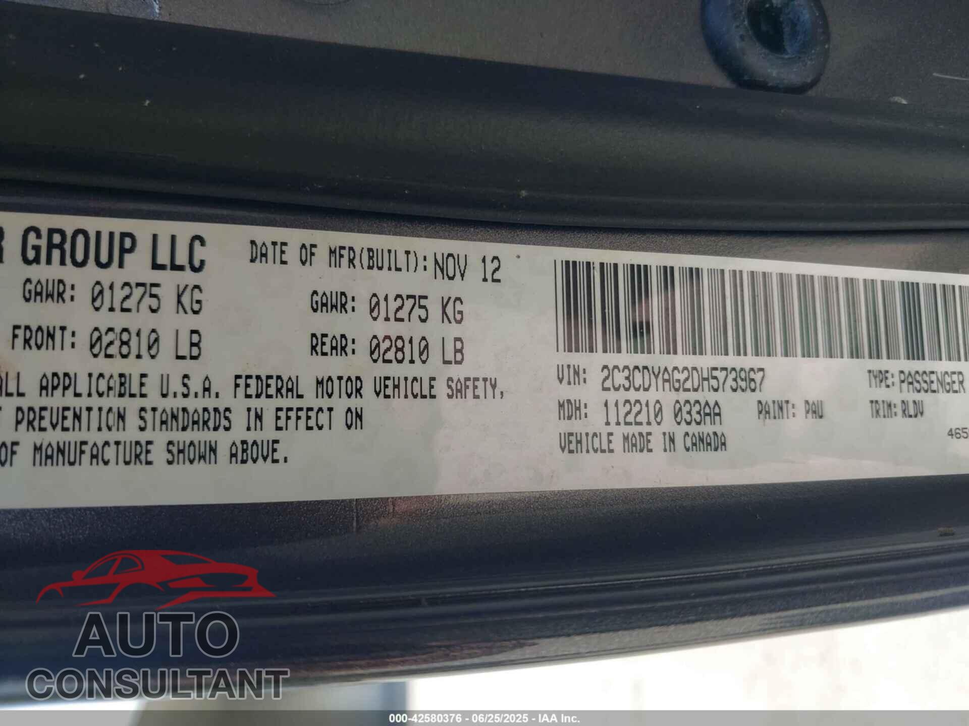 DODGE CHALLENGER 2013 - 2C3CDYAG2DH573967