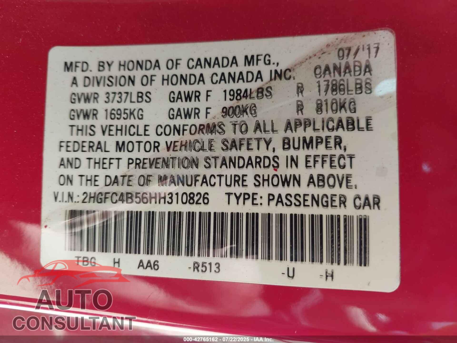 HONDA CIVIC 2017 - 2HGFC4B56HH310826