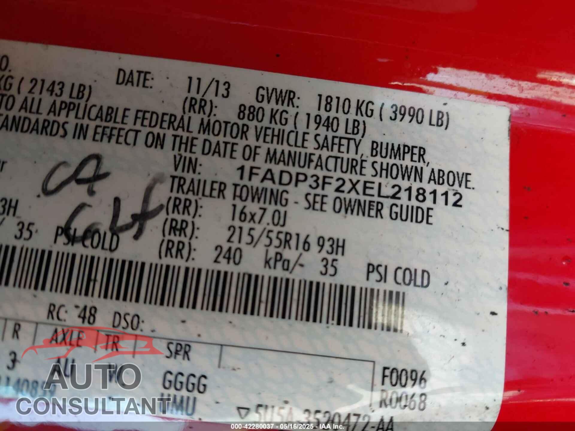 FORD FOCUS 2014 - 1FADP3F2XEL218112
