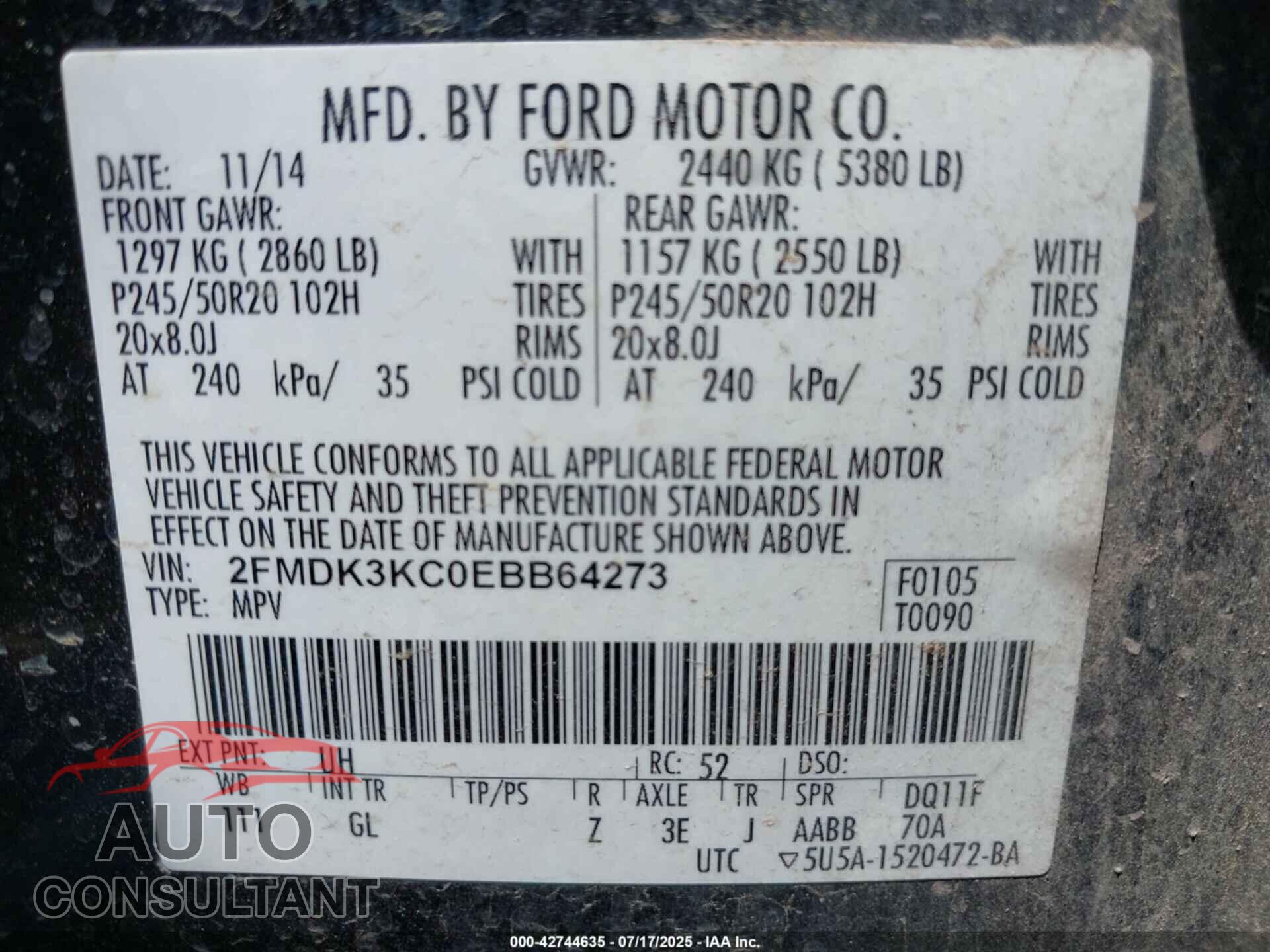 FORD EDGE 2014 - 2FMDK3KC0EBB64273