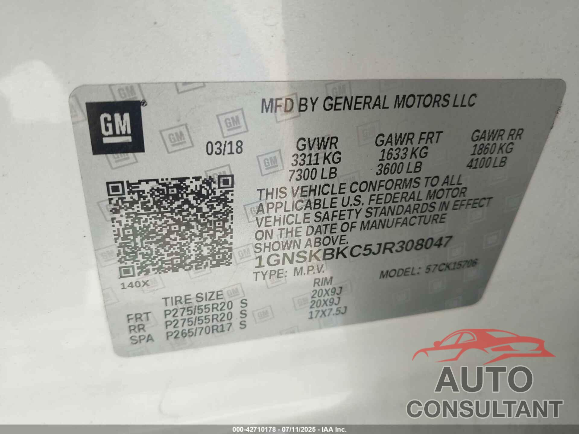 CHEVROLET TAHOE 2018 - 1GNSKBKC5JR308047