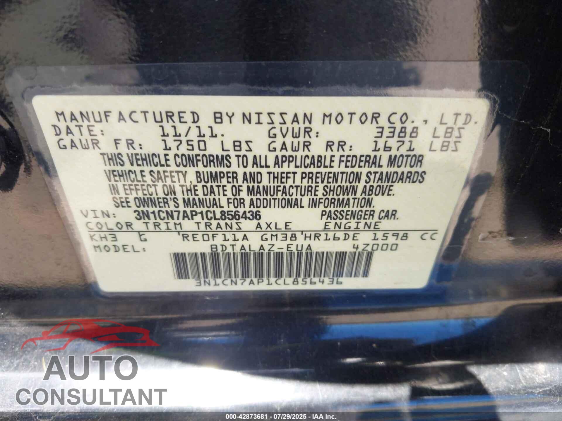 NISSAN VERSA 2012 - 3N1CN7AP1CL856436