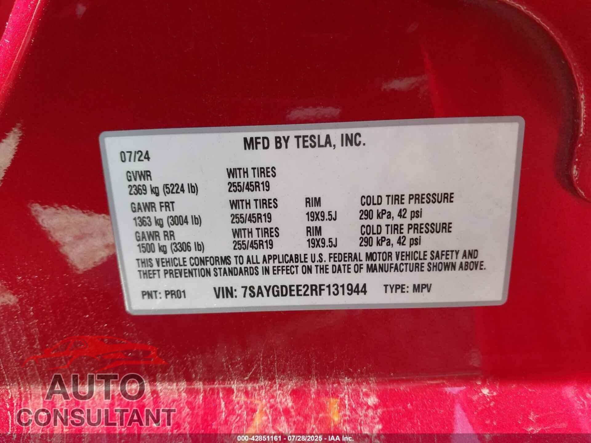 TESLA MODEL Y 2024 - 7SAYGDEE2RF131944