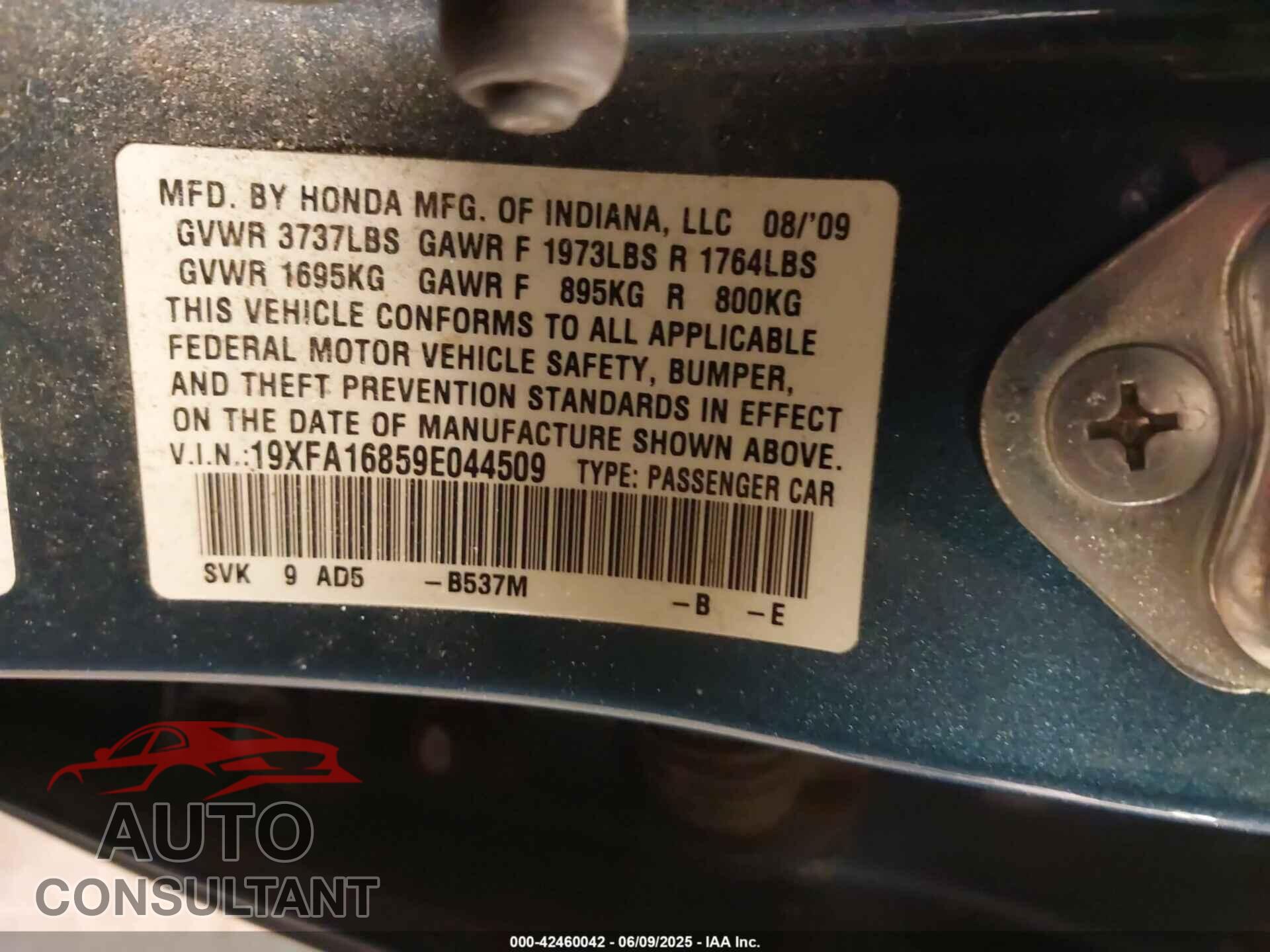 HONDA CIVIC 2009 - 19XFA16859E044509