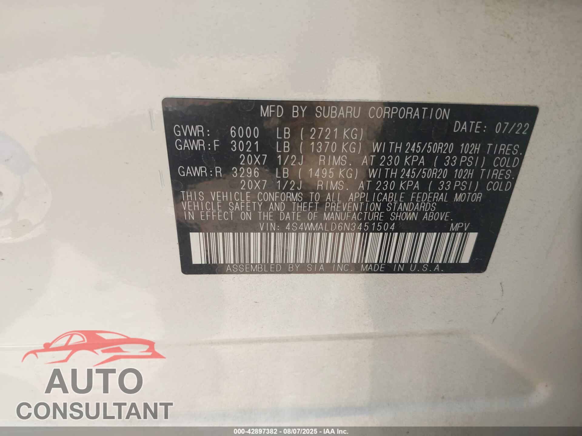 SUBARU ASCENT 2022 - 4S4WMALD6N3451504
