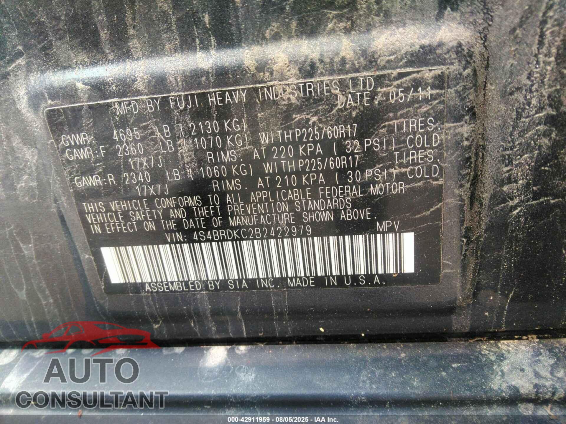SUBARU OUTBACK 2011 - 4S4BRDKC2B2422979