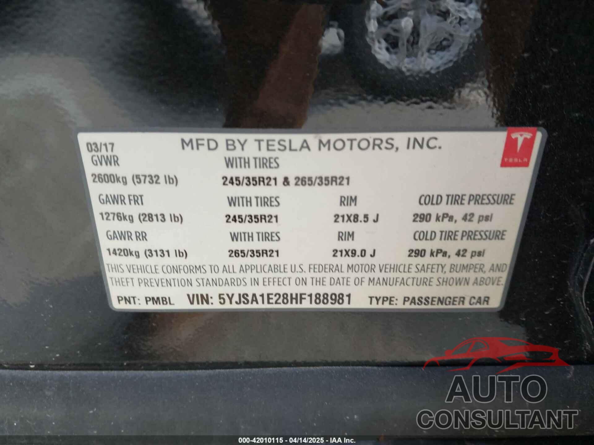 TESLA MODEL S 2017 - 5YJSA1E28HF188981
