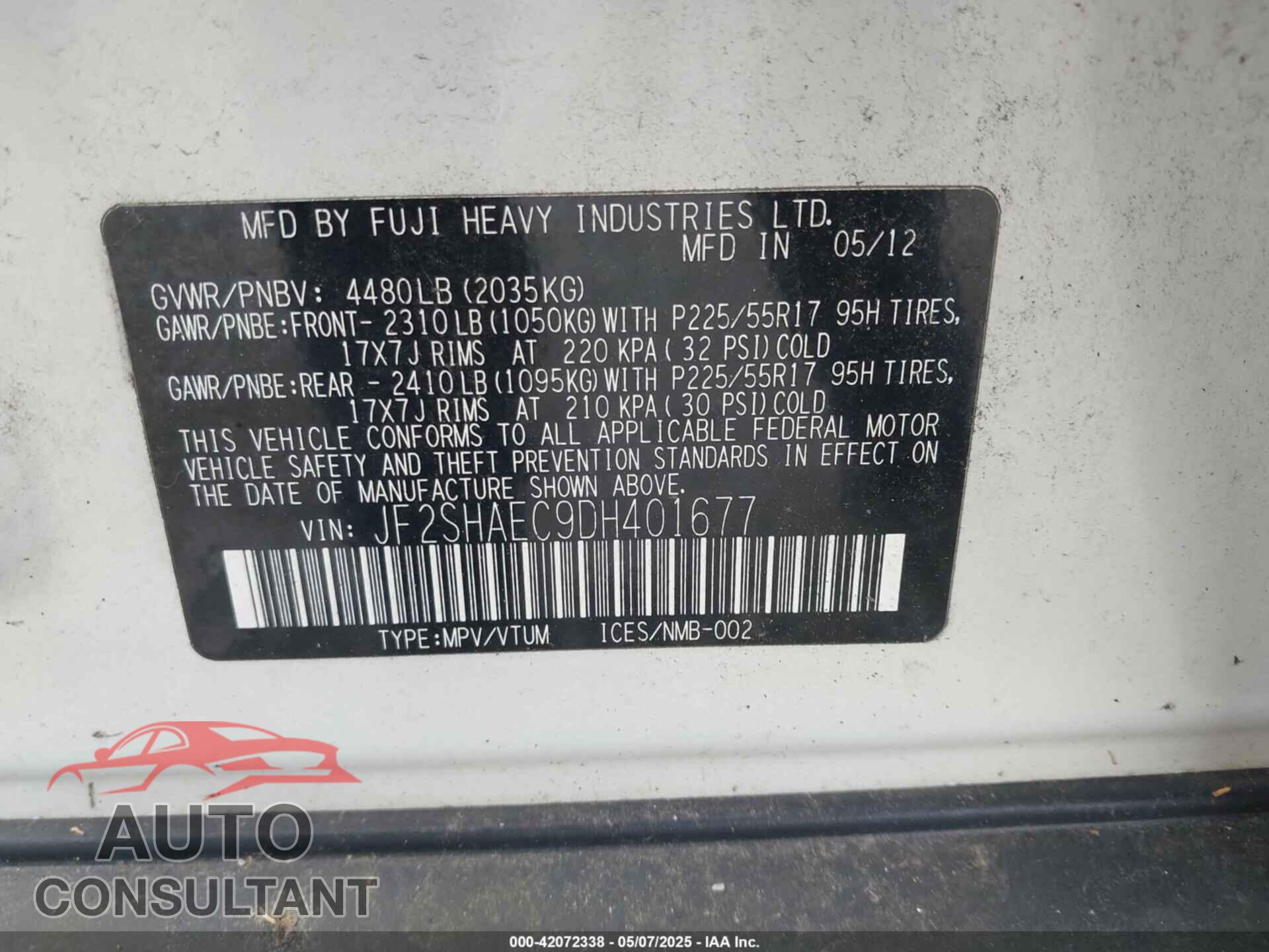 SUBARU FORESTER 2013 - JF2SHAEC9DH401677