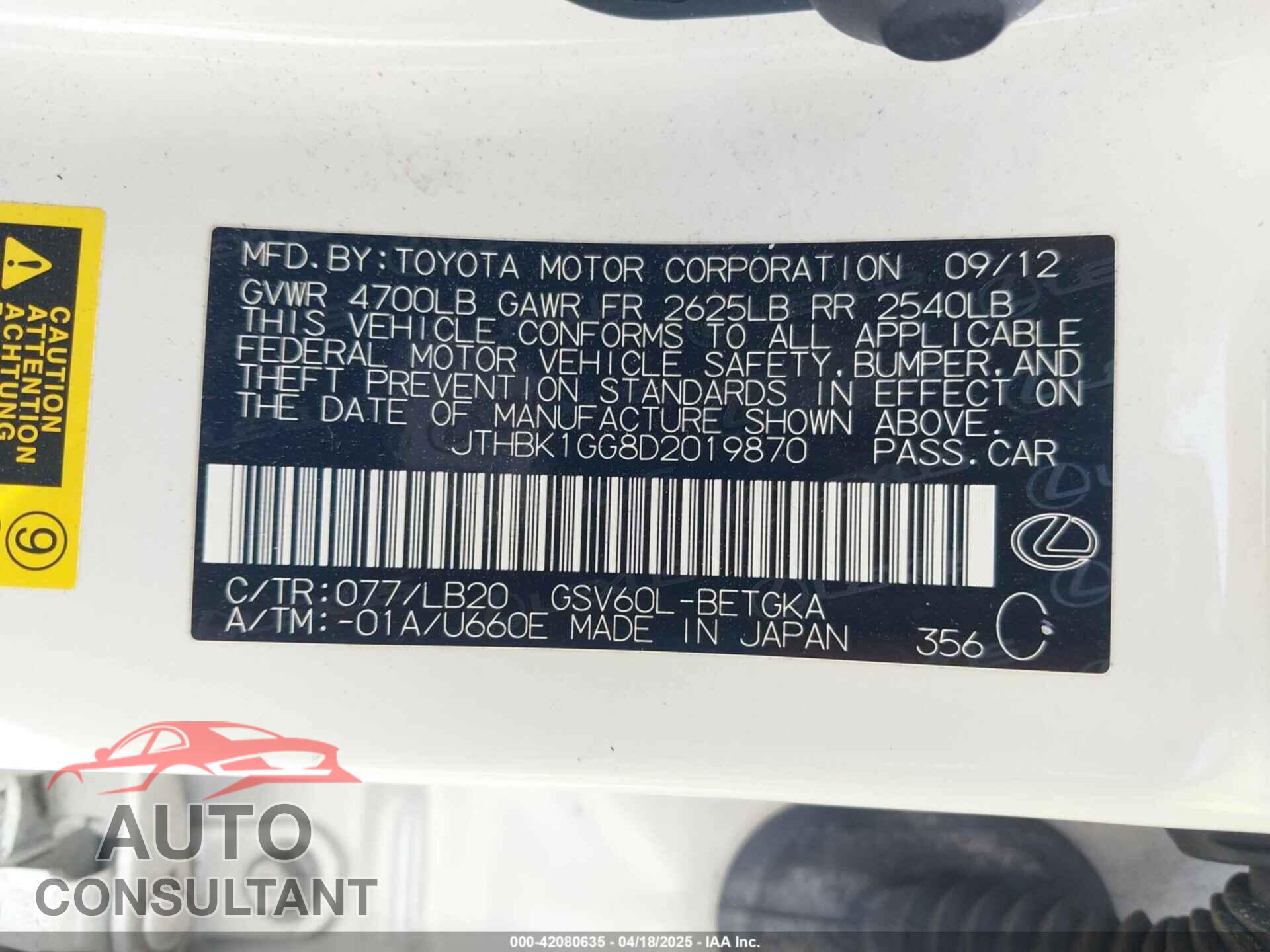 LEXUS ES 350 2013 - JTHBK1GG8D2019870