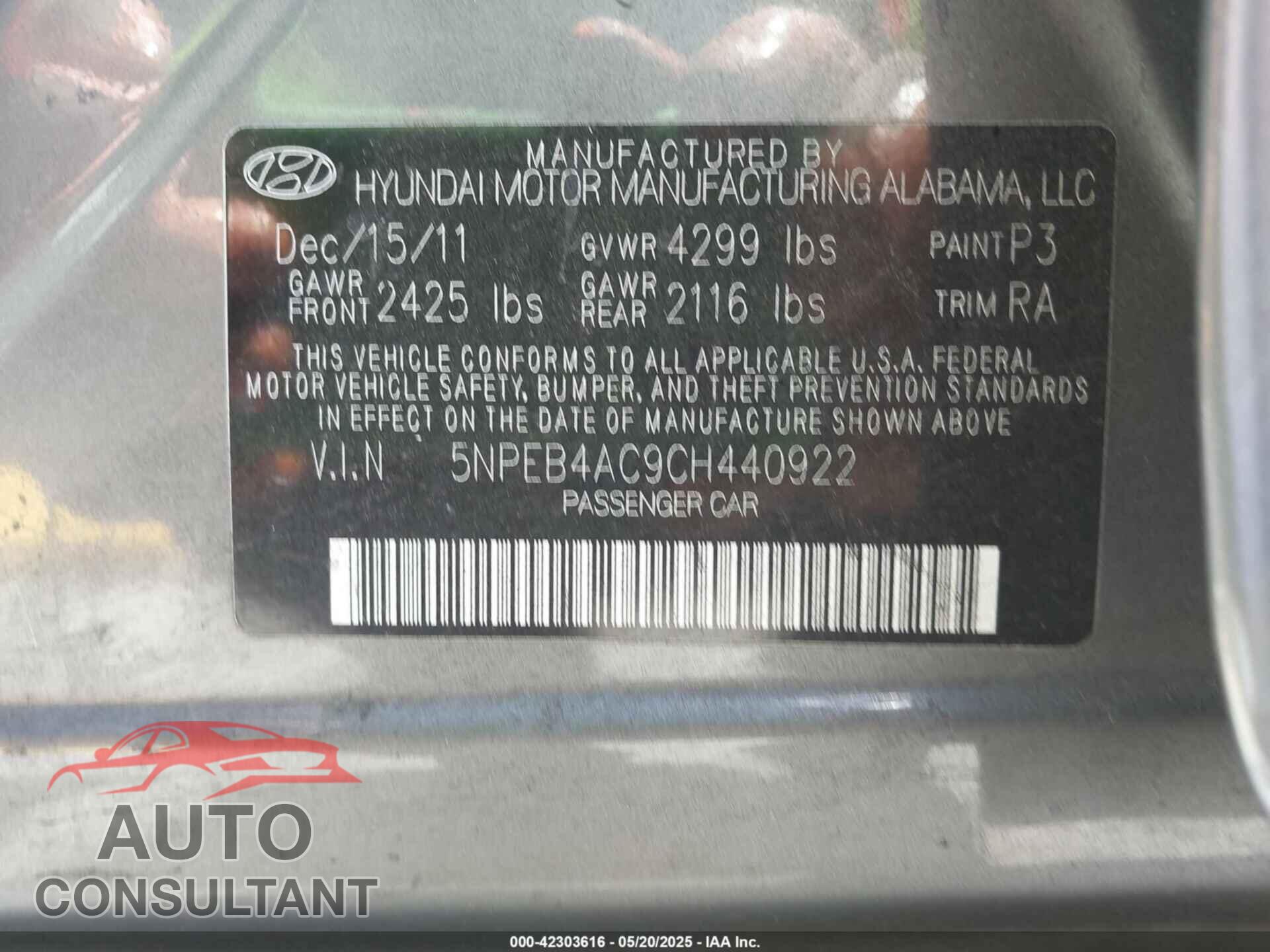 HYUNDAI SONATA 2012 - 5NPEB4AC9CH440922